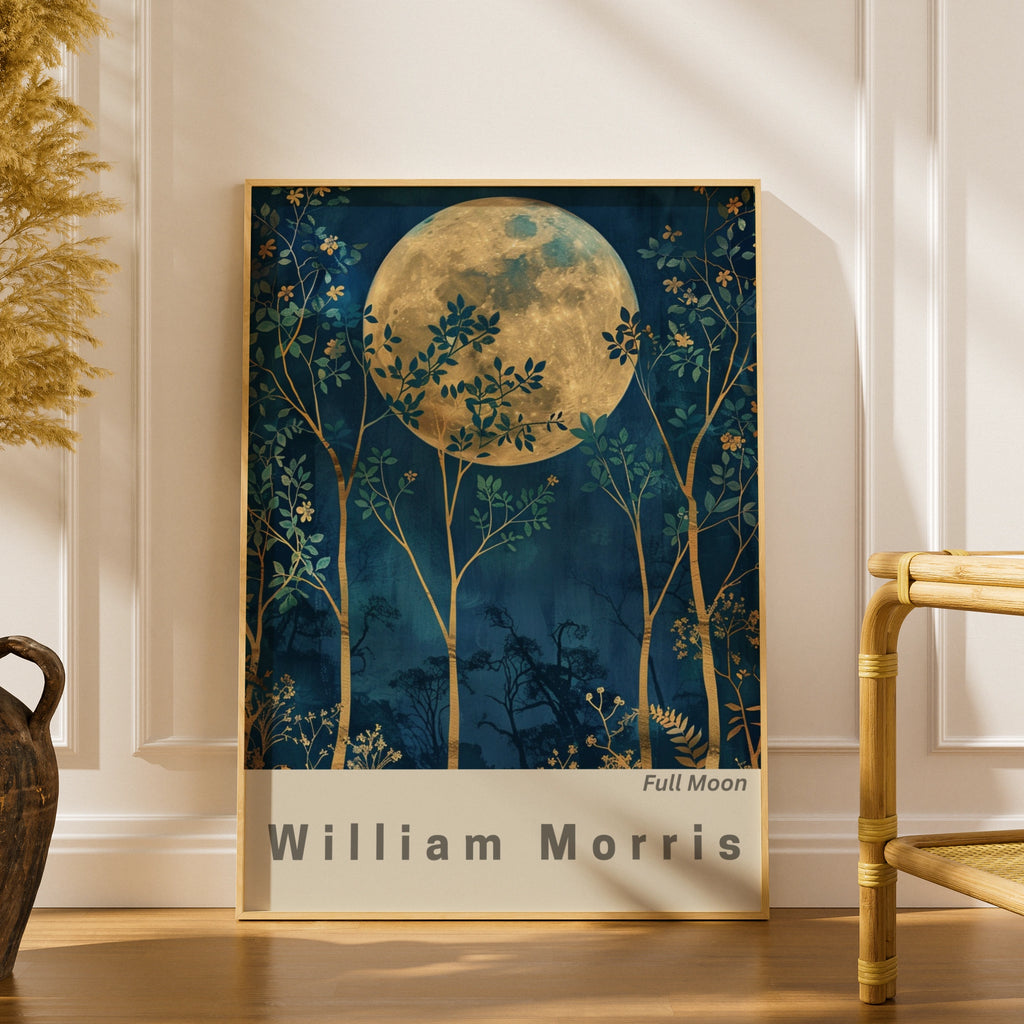William Morris Full Moon Art Print, Floral Wall Decor, Moonlit Nature Scene, Botanical Print