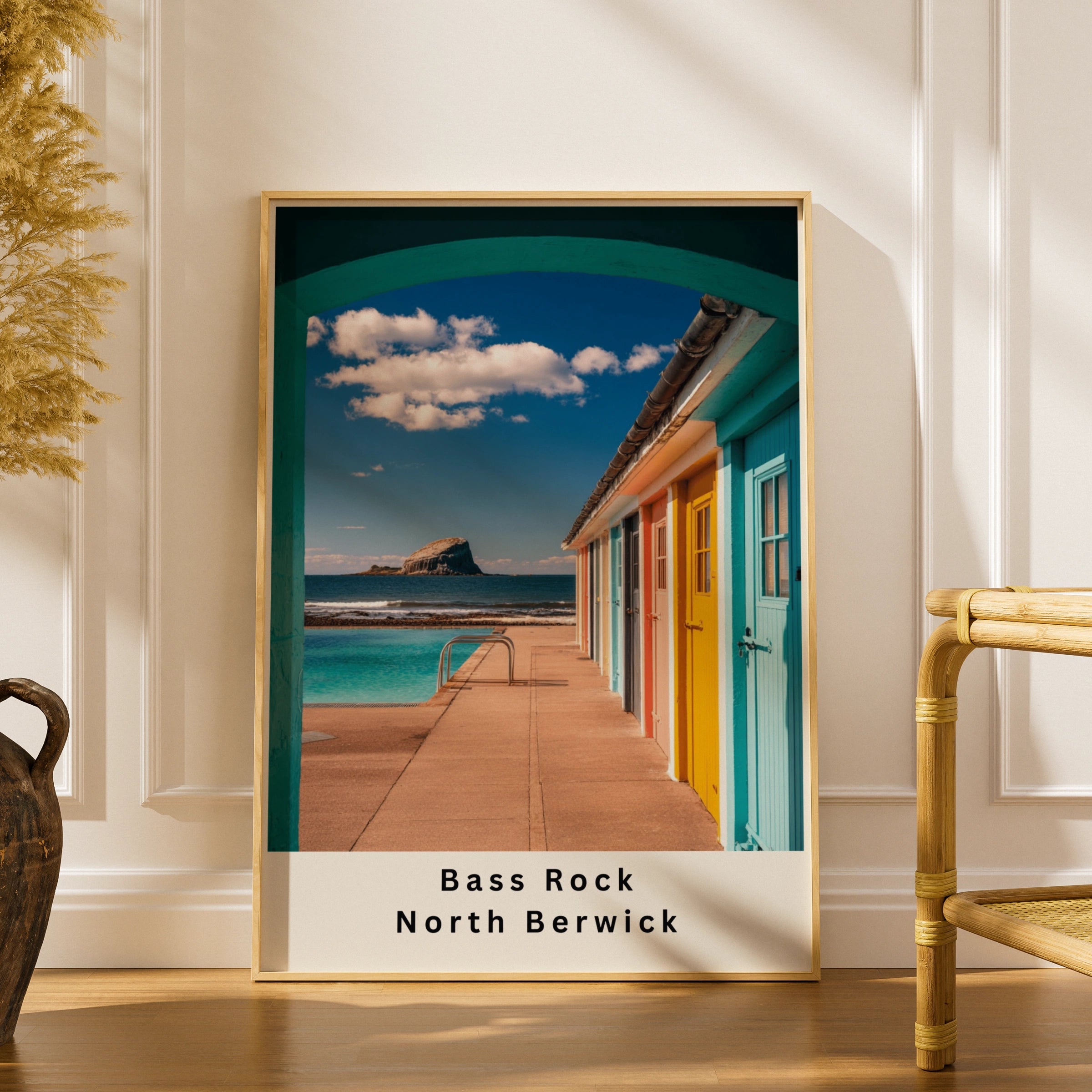 Bass Rock North Berwick Poster, Scotland Coastal Wall Art, Colourful Beach Huts Print