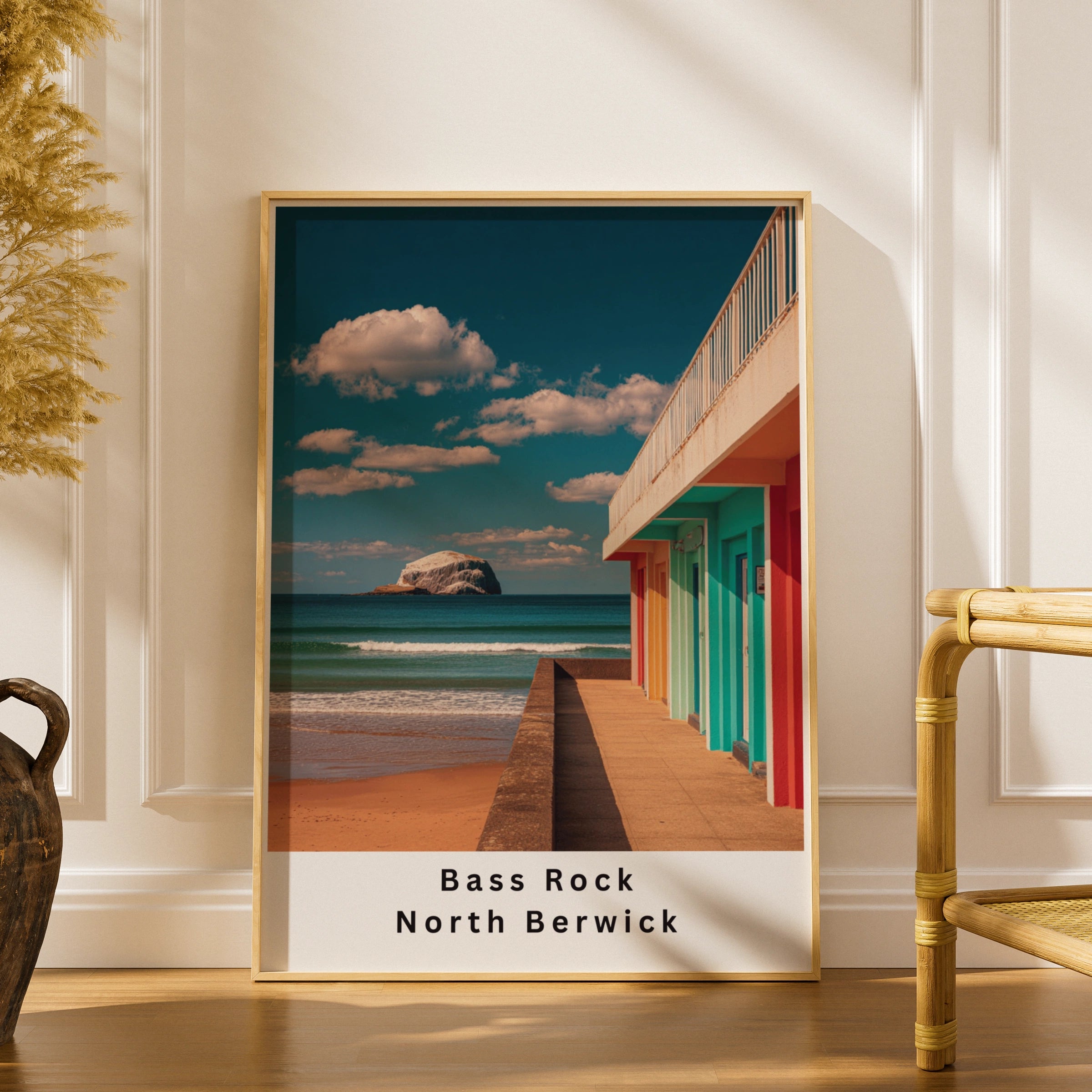 Bass Rock North Berwick Poster, Colourful Beach Huts Scotland Wall Art Print