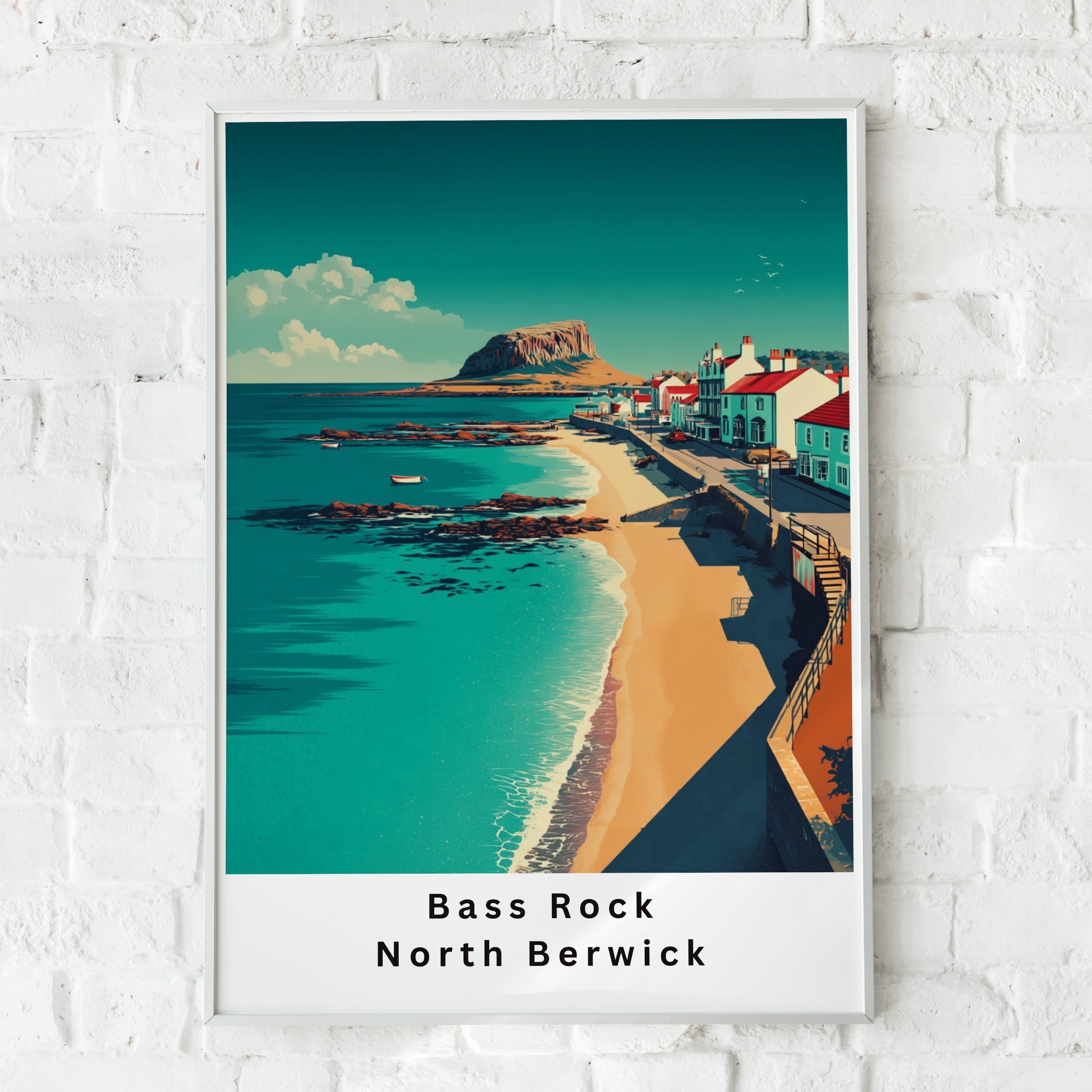 Bass Rock North Berwick Travel Poster, Scotland Coastal Wall Art Print, Retro Scottish Town