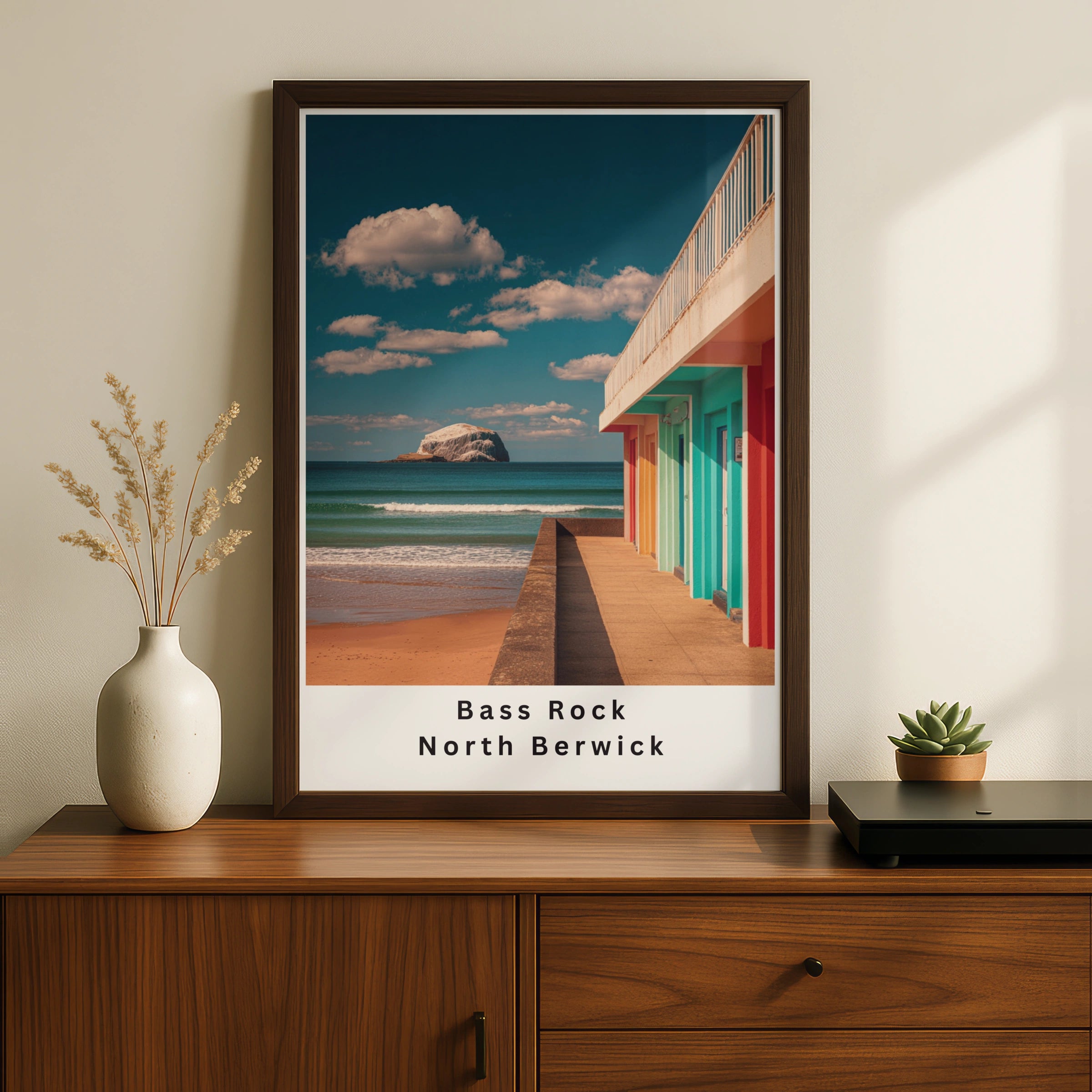 Bass Rock North Berwick Poster, Colourful Beach Huts Scotland Wall Art Print