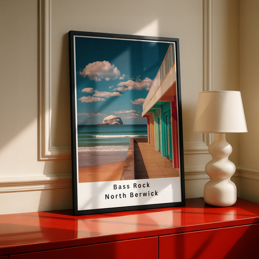 Bass Rock North Berwick Poster, Colourful Beach Huts Scotland Wall Art Print
