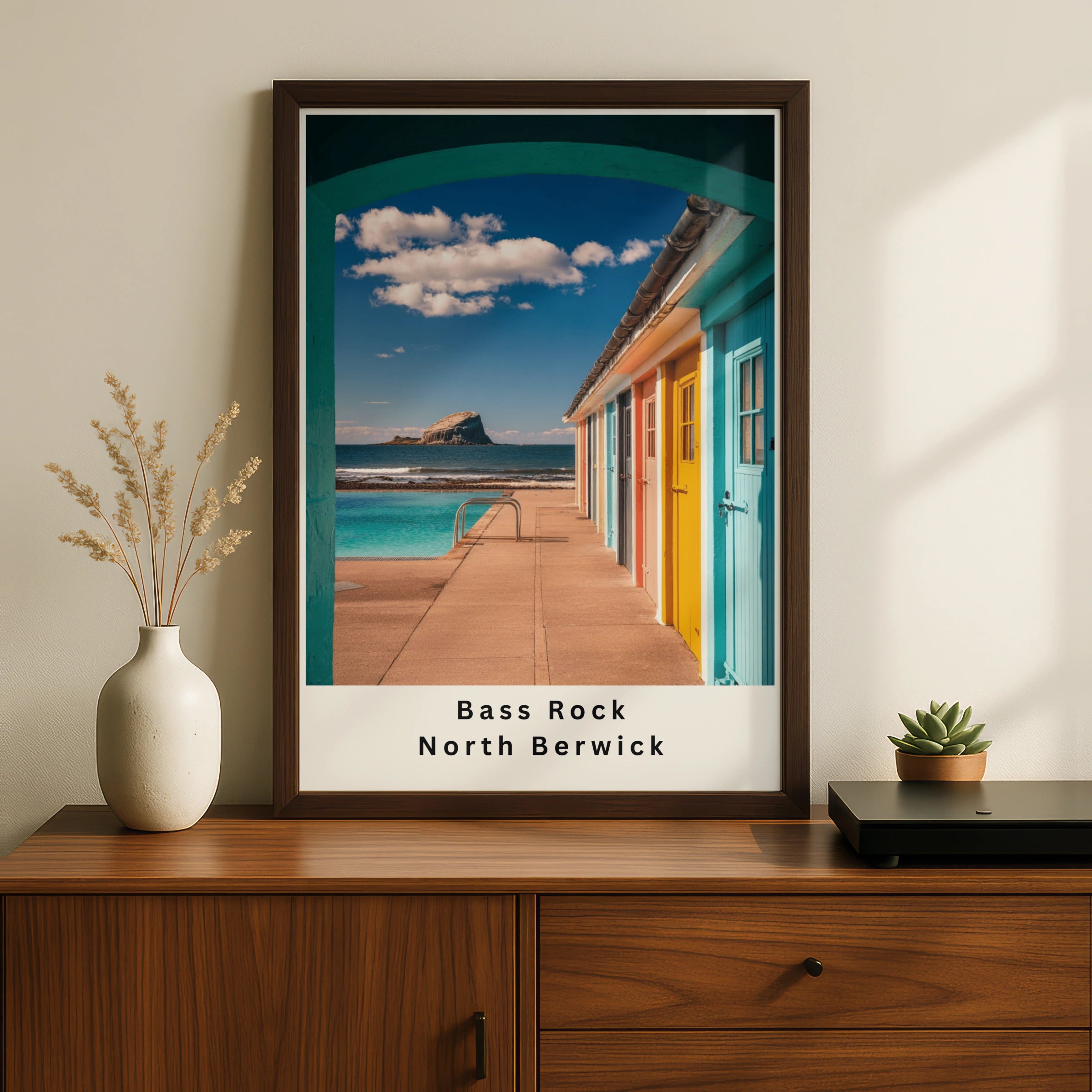 Bass Rock North Berwick Poster, Scotland Coastal Wall Art, Colourful Beach Huts Print