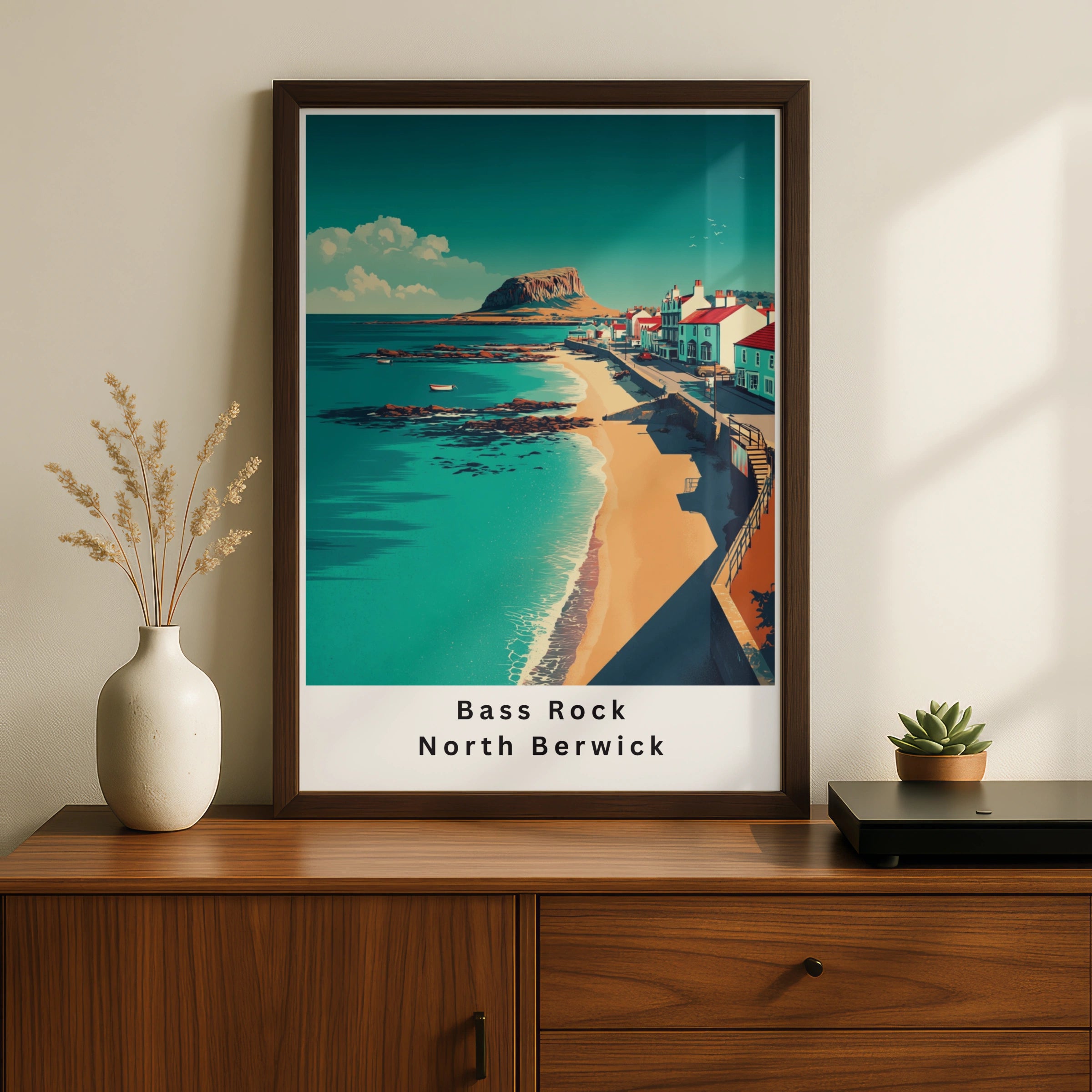 Bass Rock North Berwick Travel Poster, Scotland Coastal Wall Art Print, Retro Scottish Town