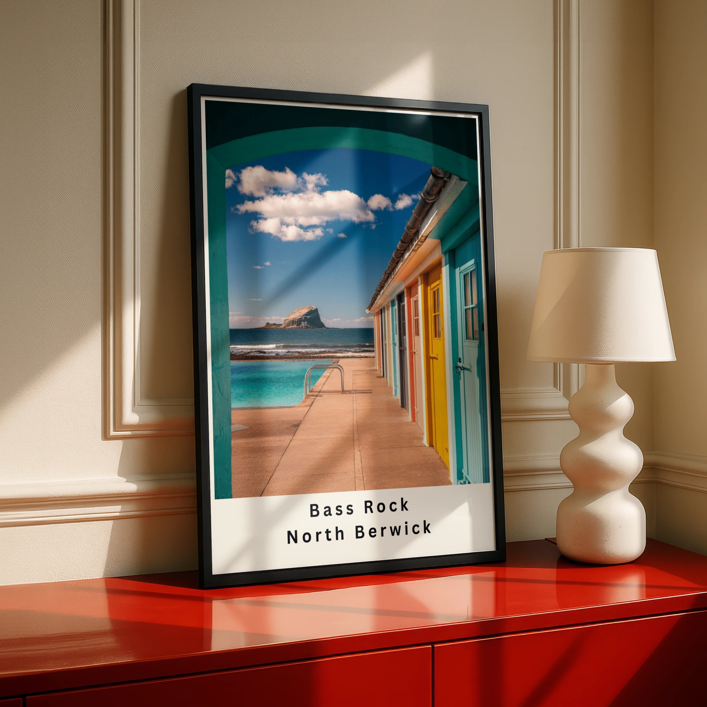 Bass Rock North Berwick Poster, Scotland Coastal Wall Art, Colourful Beach Huts Print
