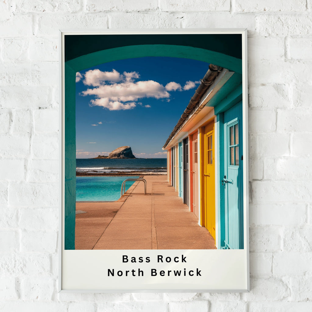 Bass Rock North Berwick Poster, Scotland Coastal Wall Art, Colourful Beach Huts Print