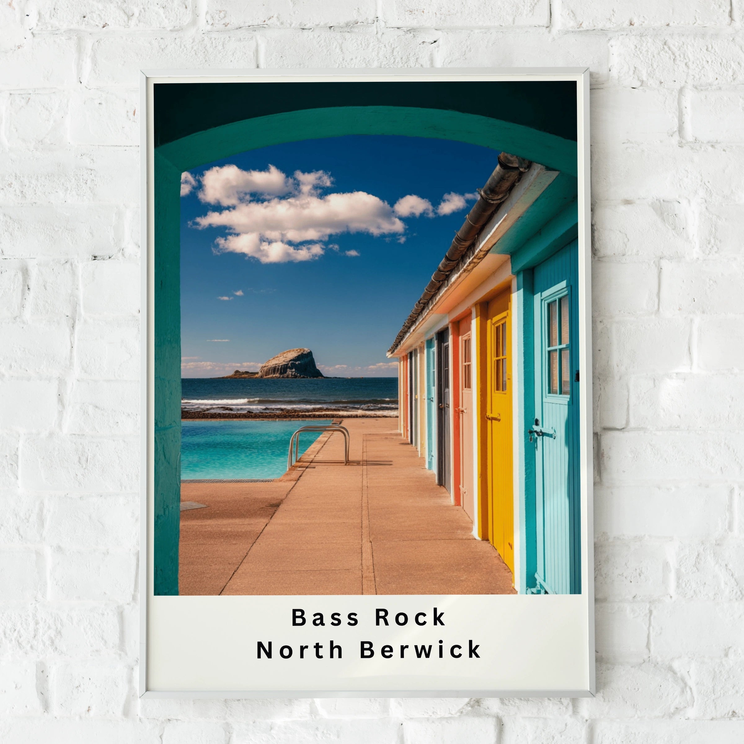 Bass Rock North Berwick Poster, Scotland Coastal Wall Art, Colourful Beach Huts Print
