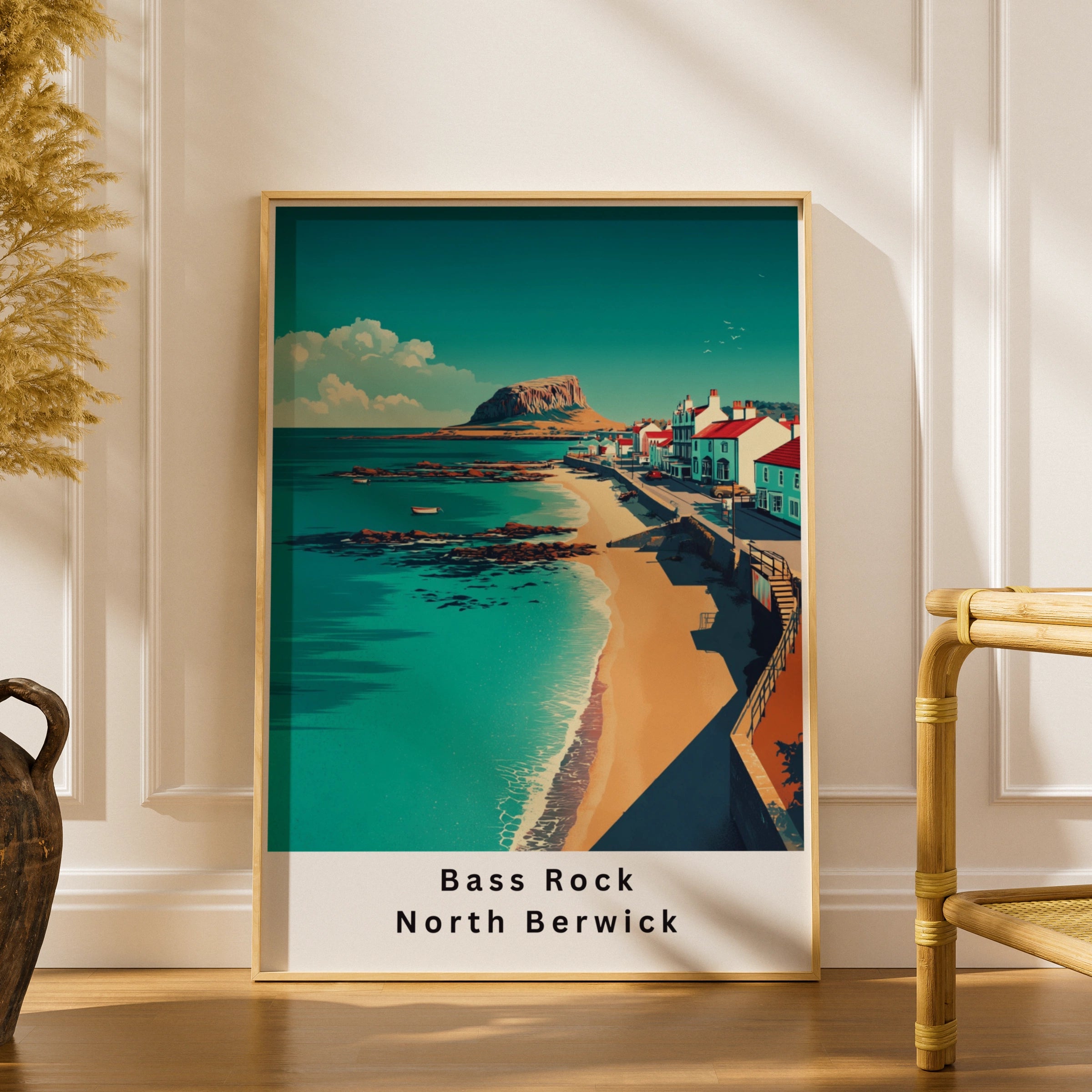 Bass Rock North Berwick Travel Poster, Scotland Coastal Wall Art Print, Retro Scottish Town