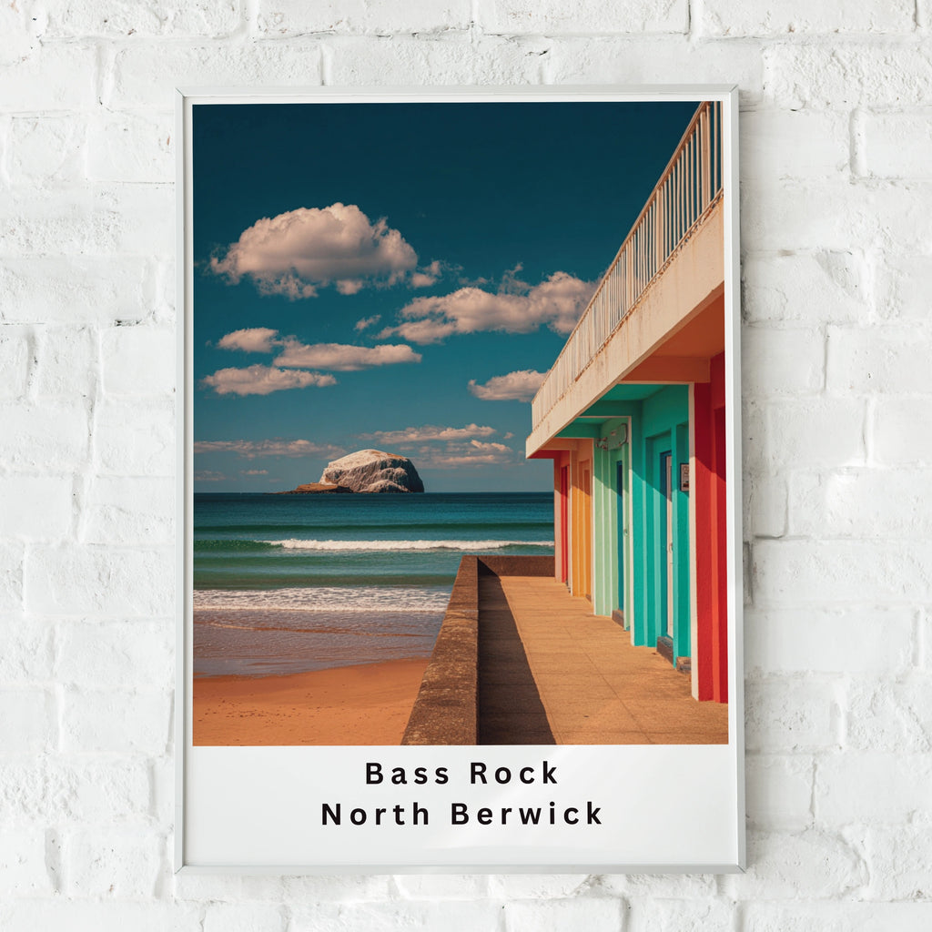 Bass Rock North Berwick Poster, Colourful Beach Huts Scotland Wall Art Print