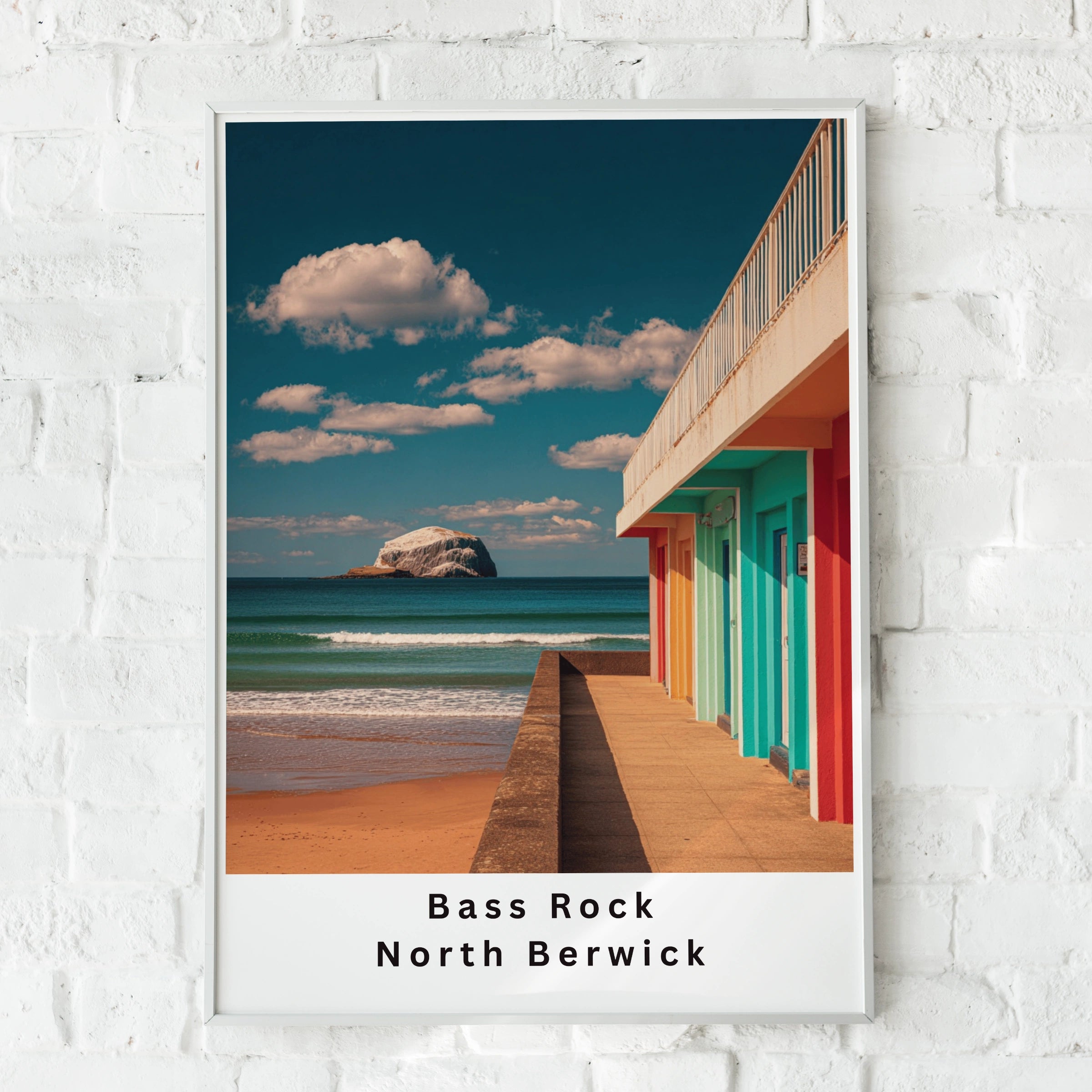 Bass Rock North Berwick Poster, Colourful Beach Huts Scotland Wall Art Print