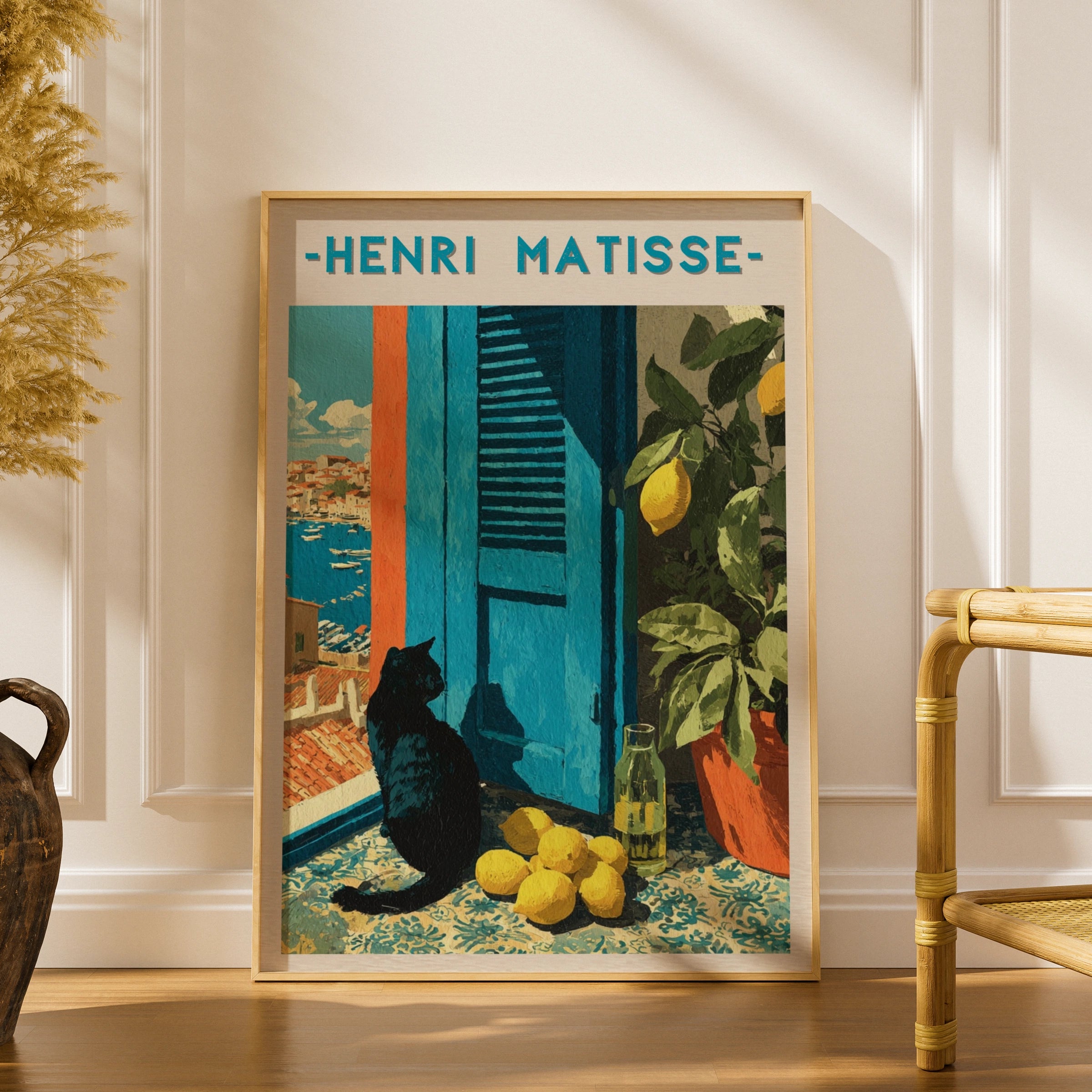 Black Cat Matisse Style Poster, Mediterranean Wall Art, Lemon Print, Colourful