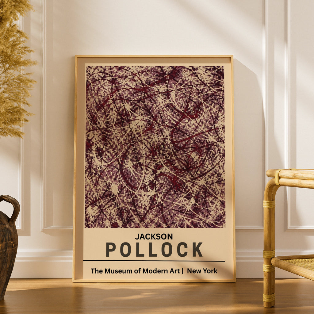 Jackson Pollock Abstract Expressionist Poster, MoMA Wall Art, Burgundy Cream Drip Print
