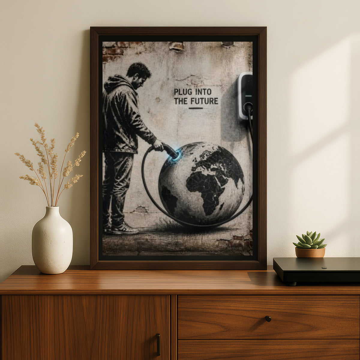 Banksy Style Plug Into The Future Poster, Street Art Print, Climate Wall Art