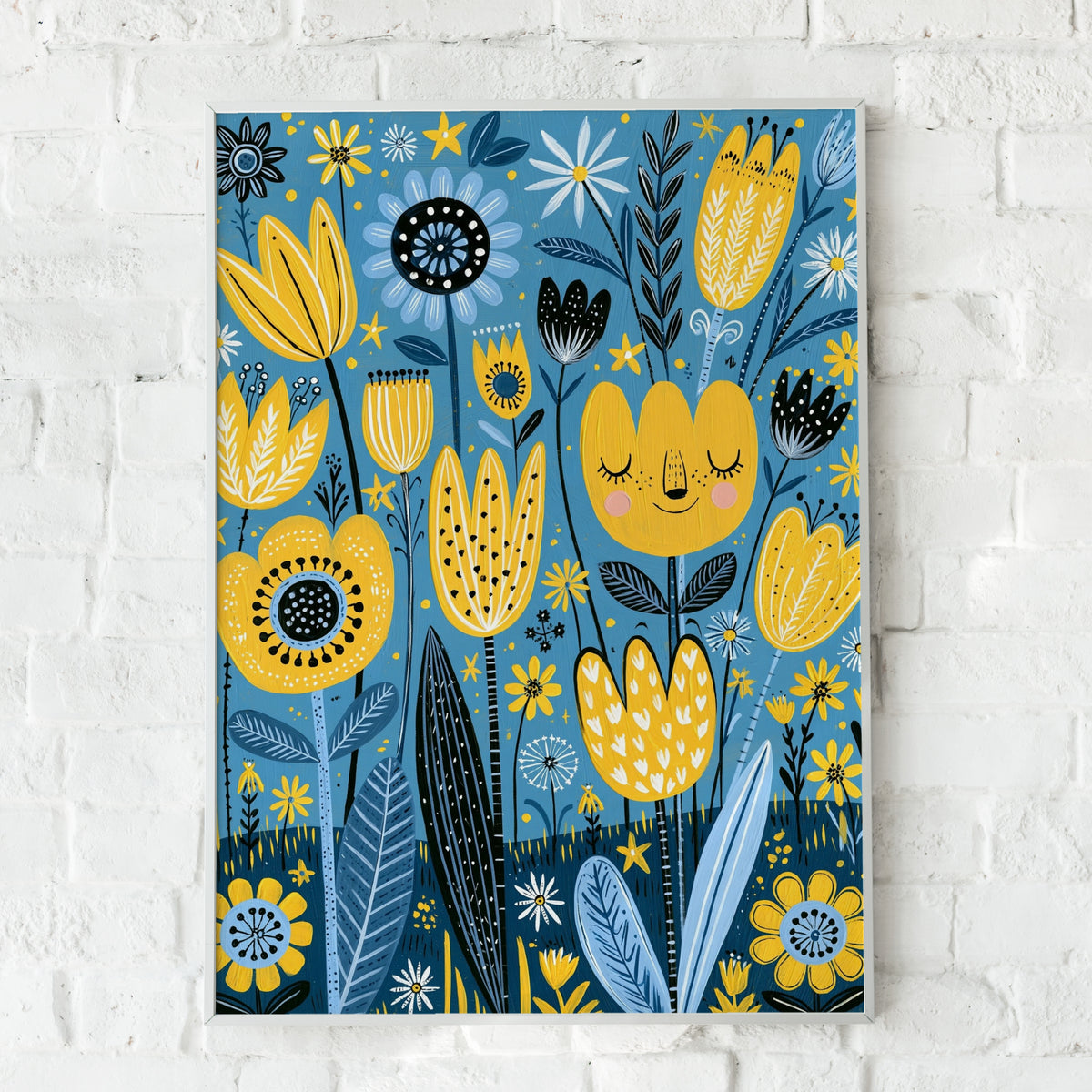 Kids Tulip Garden Poster, Cute Floral Wall Art, Yellow Blue Nursery Print, Flower