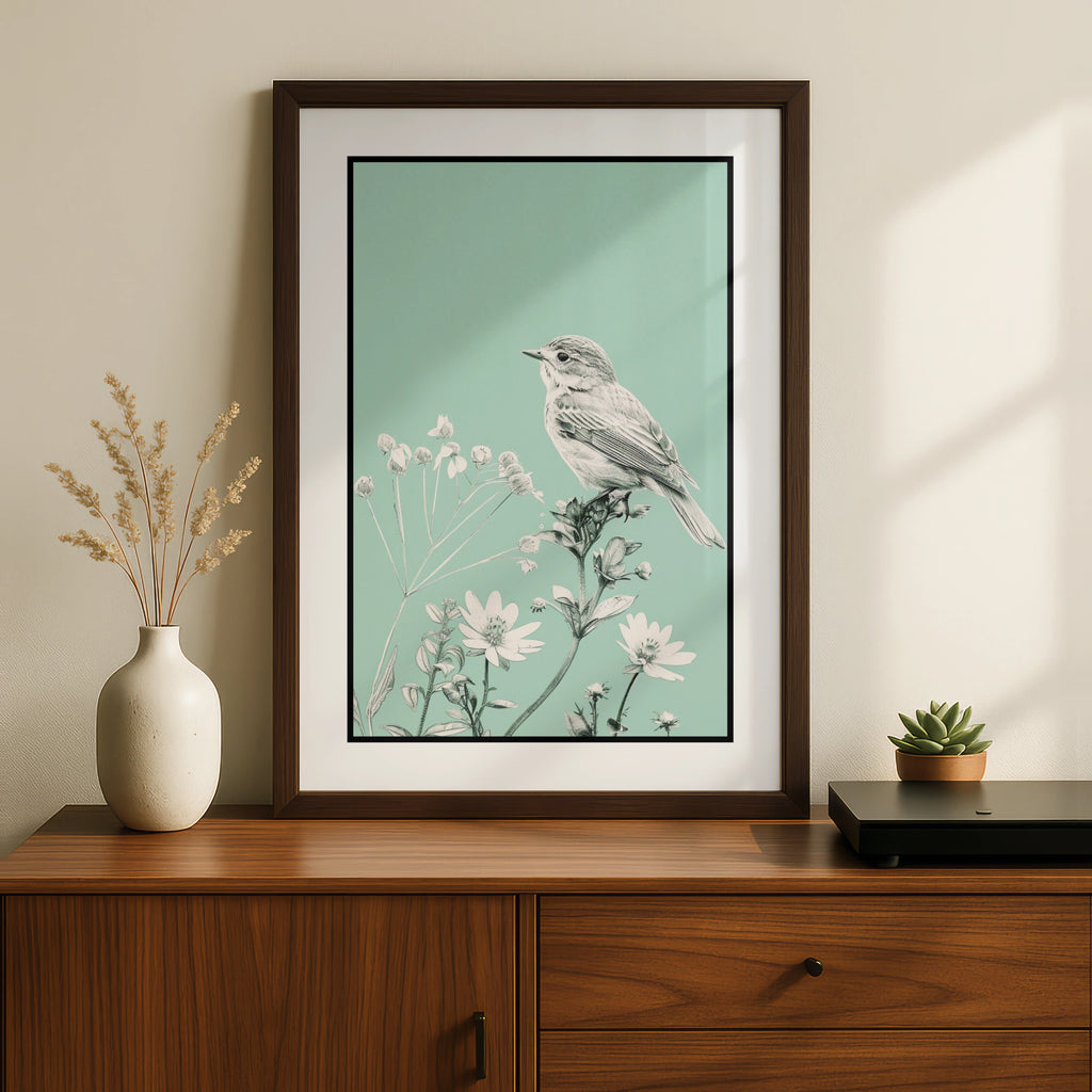 Botanical Wall Art | Teal Bird Poster, Wildflower Wall Art, Mint Green Nature Print, Floral