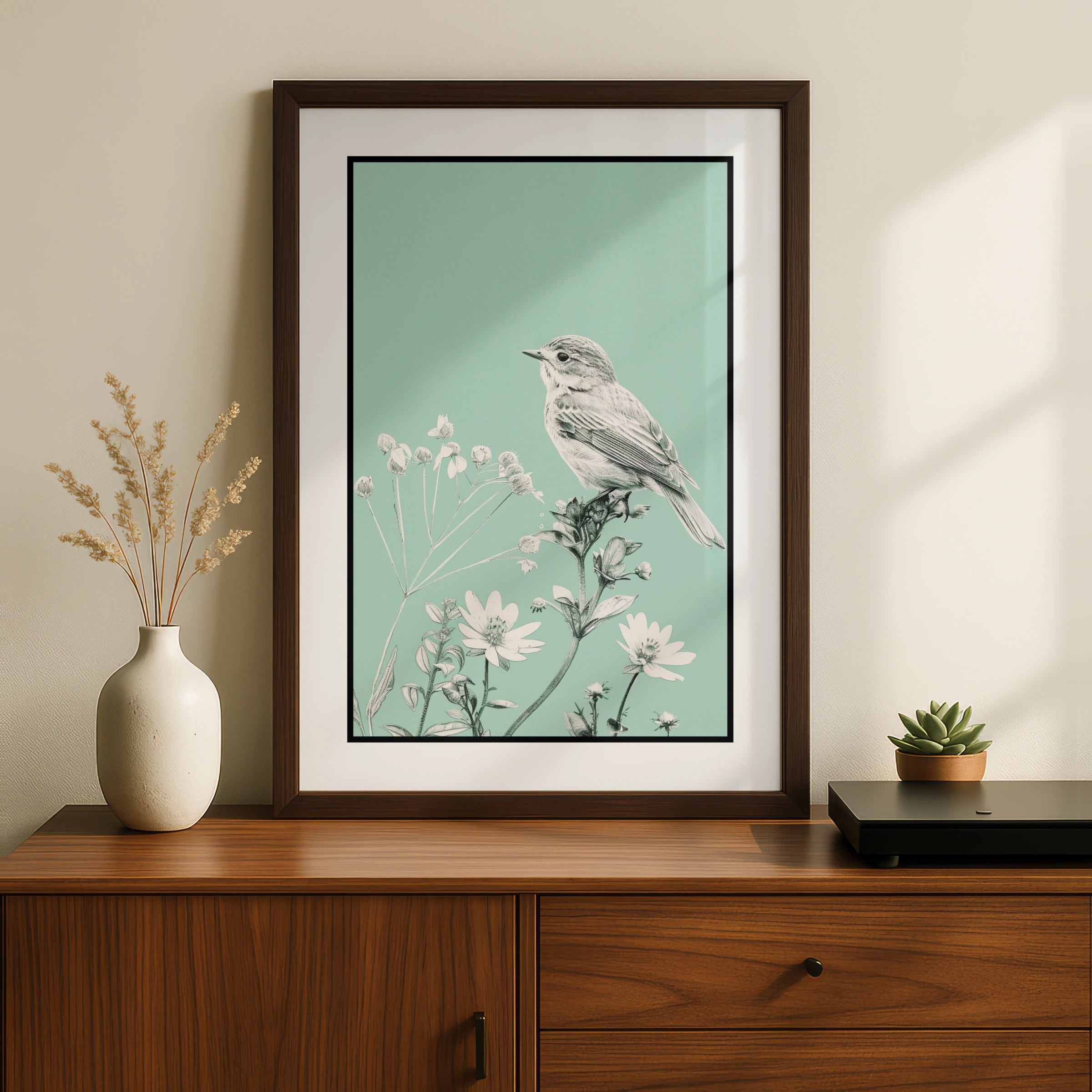 Botanical Wall Art | Teal Bird Poster, Wildflower Wall Art, Mint Green Nature Print, Floral