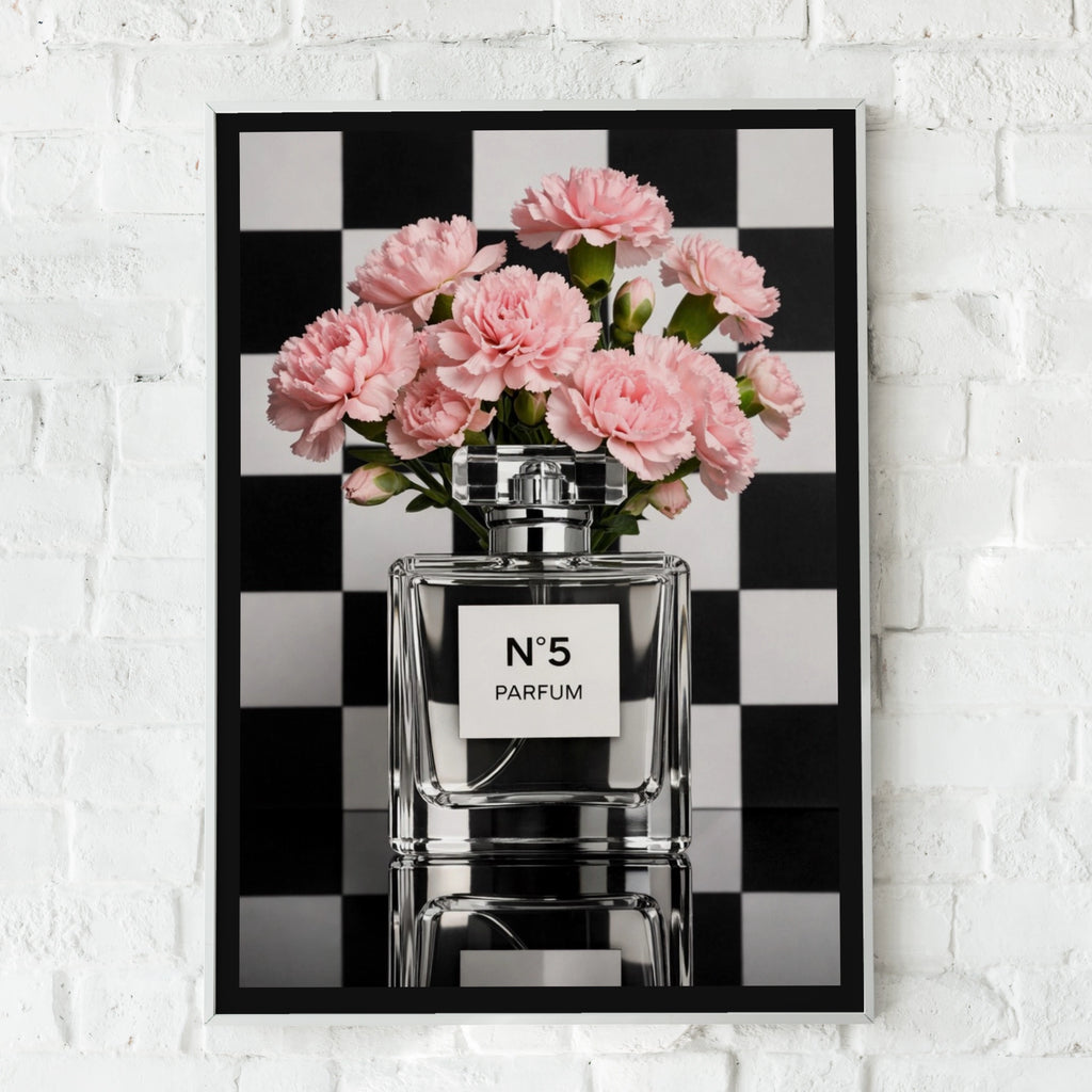 No5 Perfume Bottle Pink Carnation Poster, Chic Fashion Wall Art, Checkerboard Print