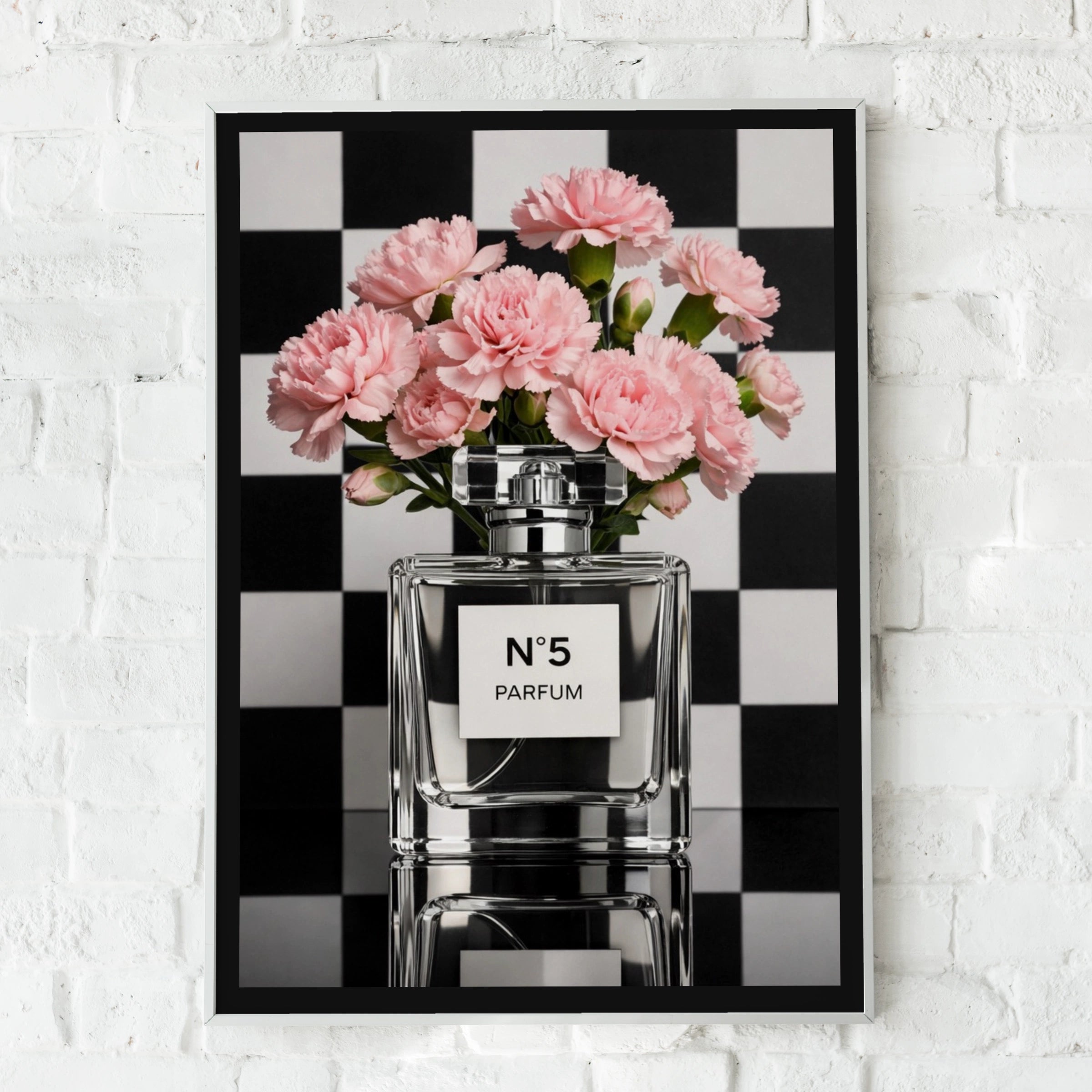 No5 Perfume Bottle Pink Carnation Poster, Chic Fashion Wall Art, Checkerboard Print