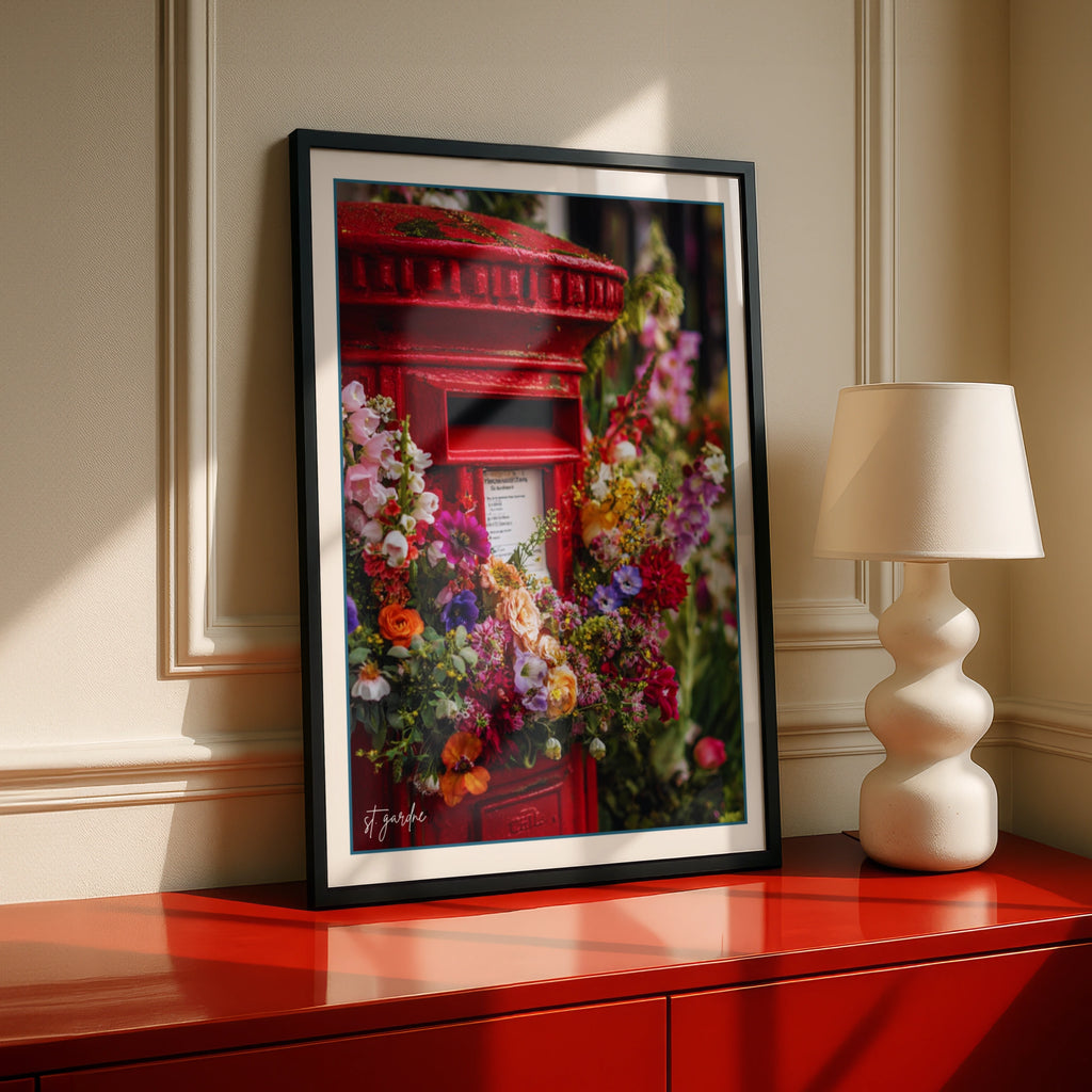 Red British Post Box Floral Poster, London Street Wall Art, Colourful Flower Print UK