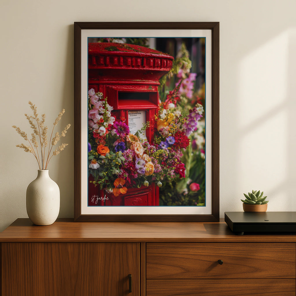 Red British Post Box Floral Poster, London Street Wall Art, Colourful Flower Print UK