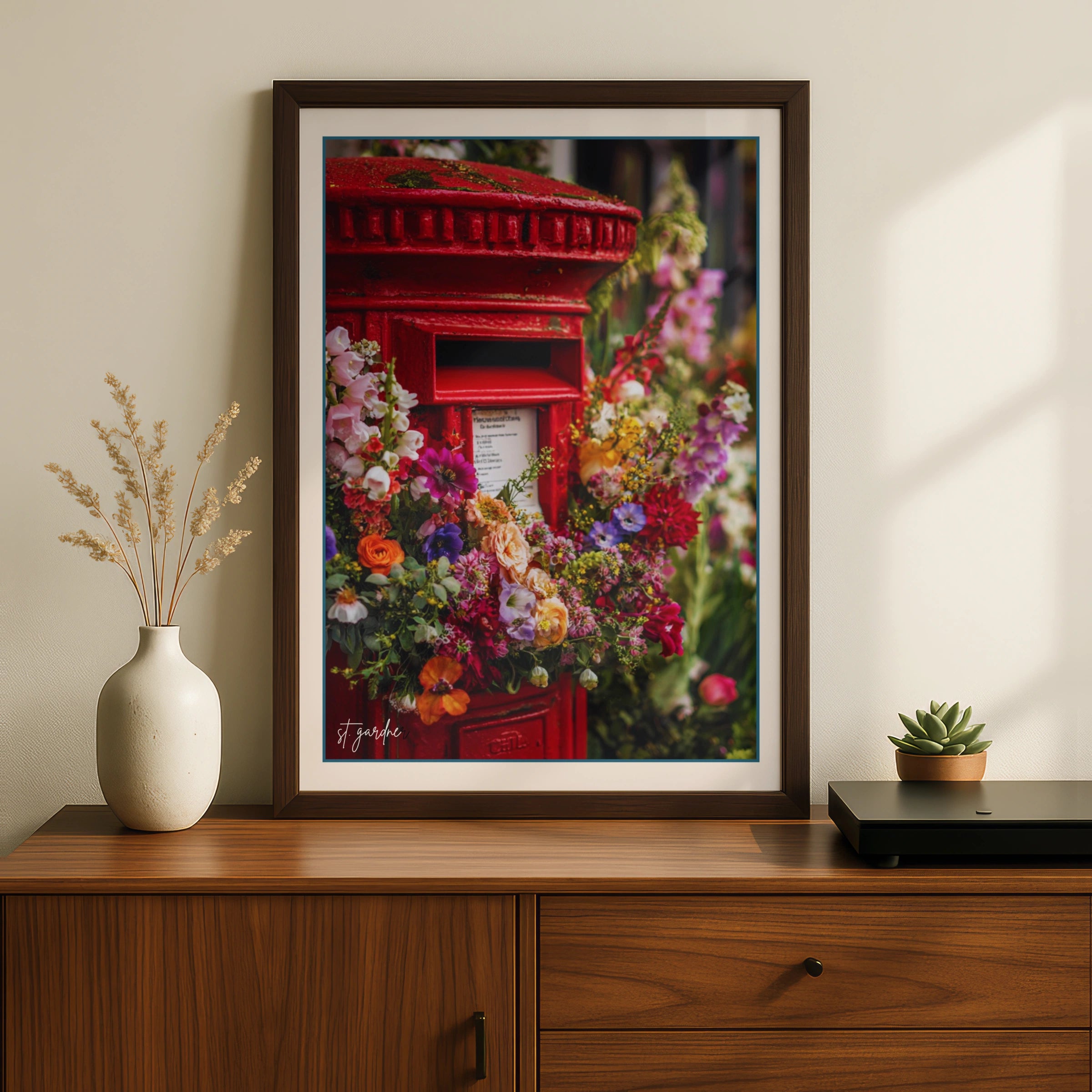 Red British Post Box Floral Poster, London Street Wall Art, Colourful Flower Print UK