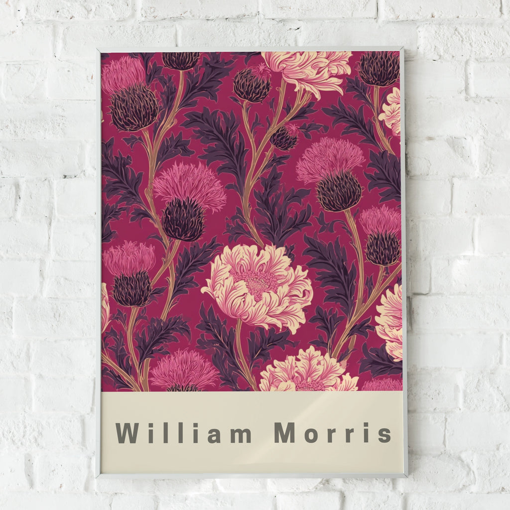 William Morris Raspberry Floral Poster, Botanical Wall Art, Pink Thistle Print, Arts and Crafts