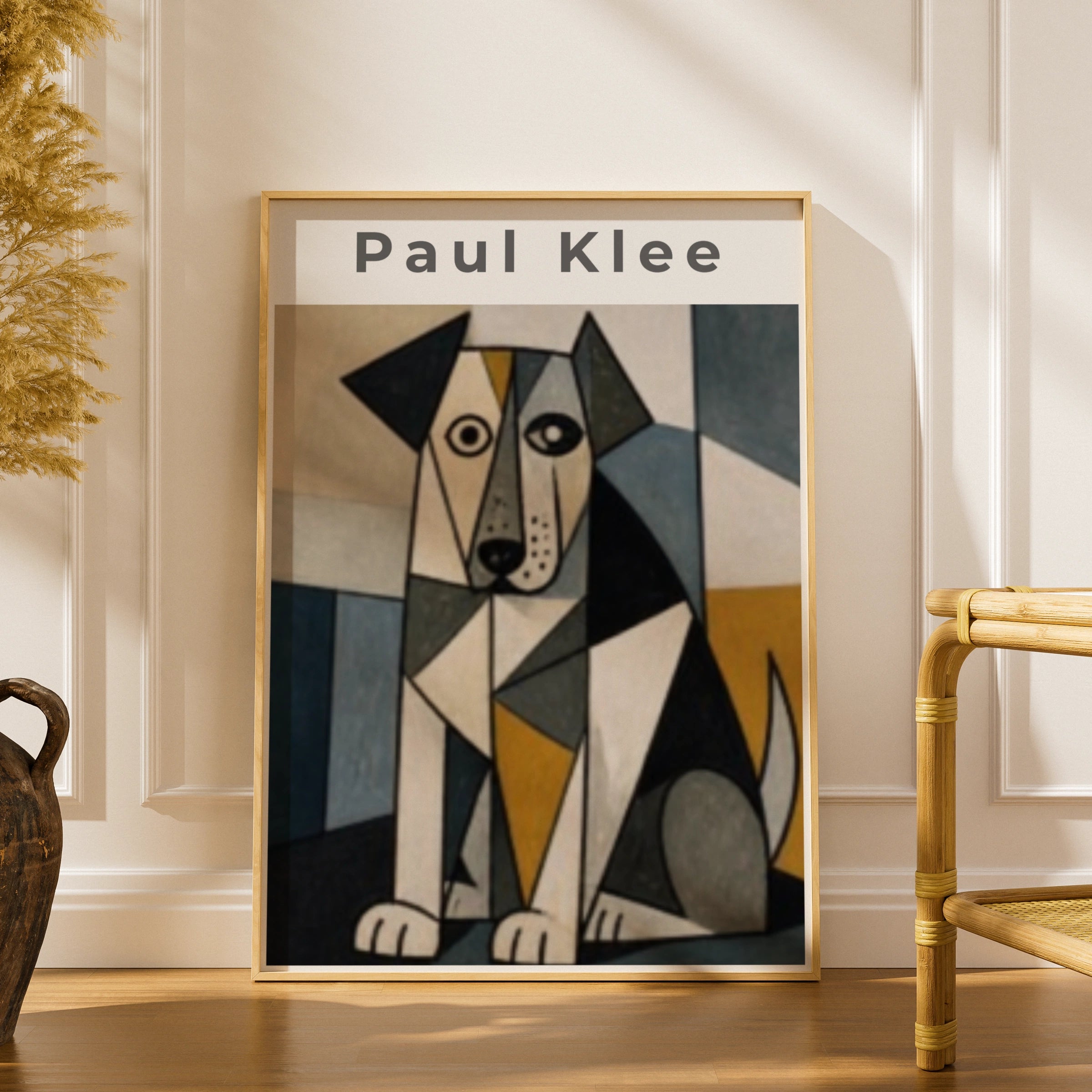 Paul Klee Cubist Dog Poster, Abstract Geometric Animal Wall Art, Blue Mustard Print