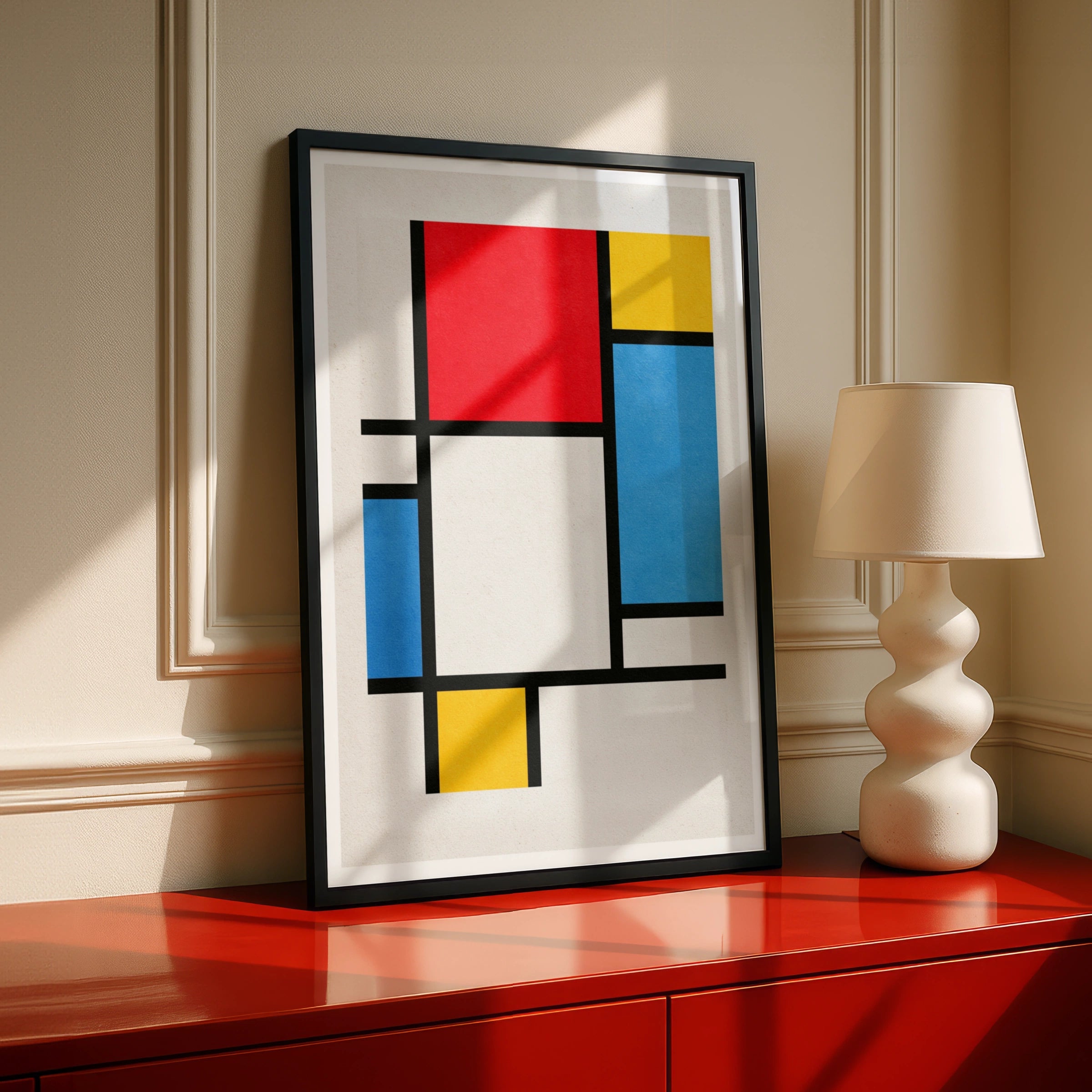 Mondrian Style Abstract Art Print, Red Blue Yellow Geometric Poster, Bauhaus Wall Art