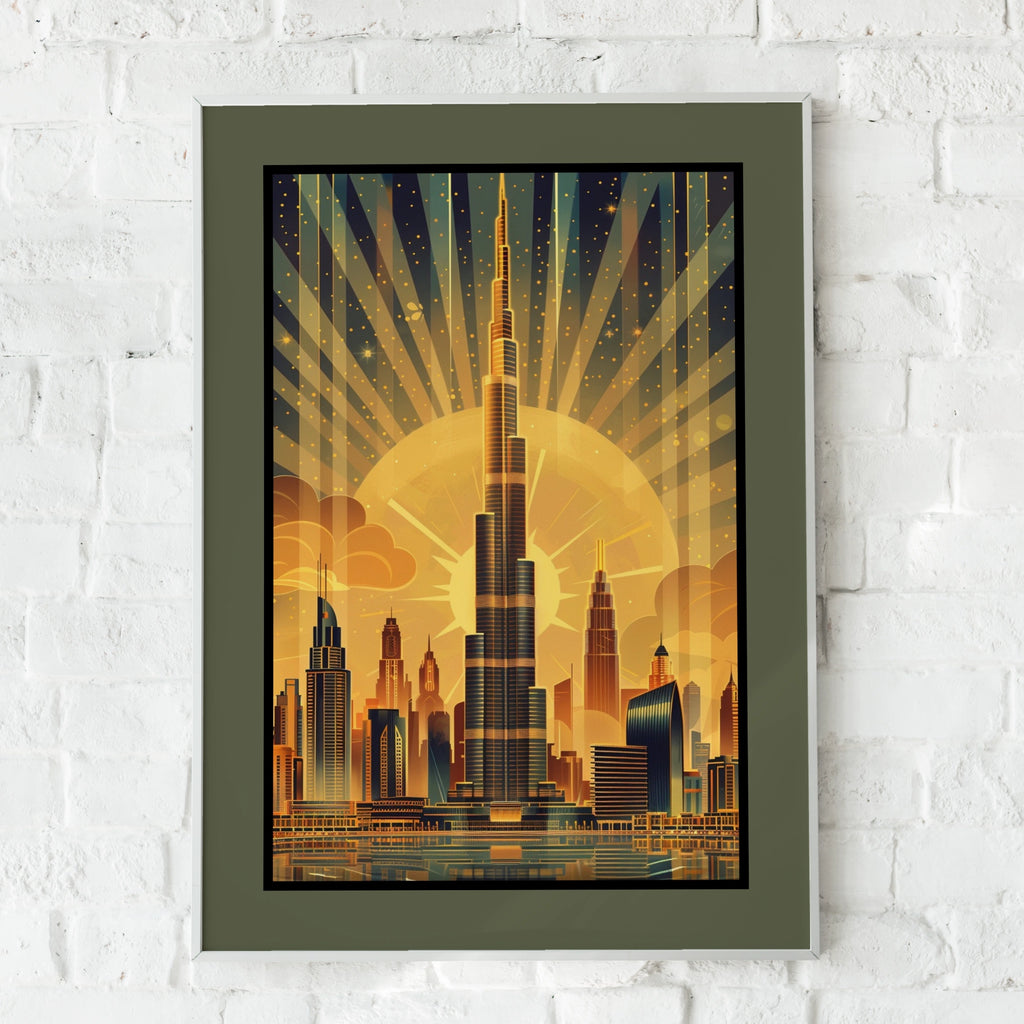 Travel Wall Art. | Dubai Skyline Poster, Burj Khalifa Art Deco Print, Gold City Wall Art, 
