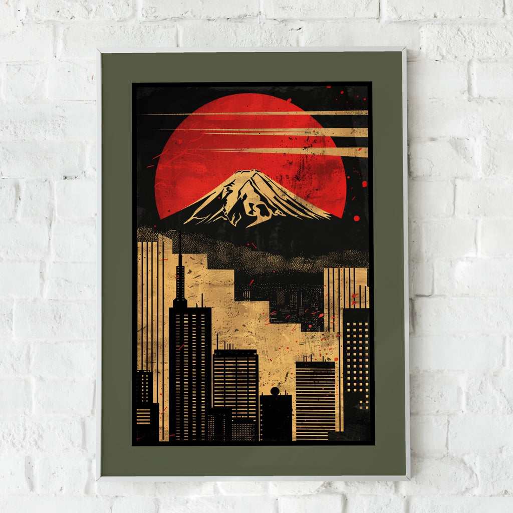 Travel Wall Art | Tokyo Mount Fuji Poster, Red Sun Japan Wall Art, Retro City Skyline Print, Black Gold