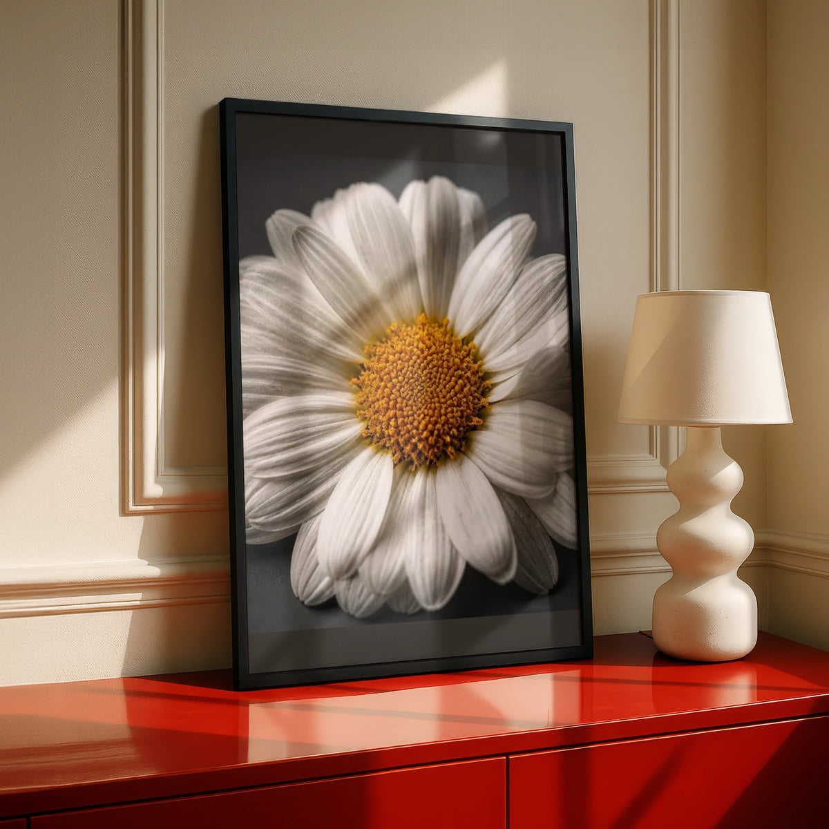 Daisy Flower Poster, White Floral Wall Art, Close Up Botanical Print, Grey Background