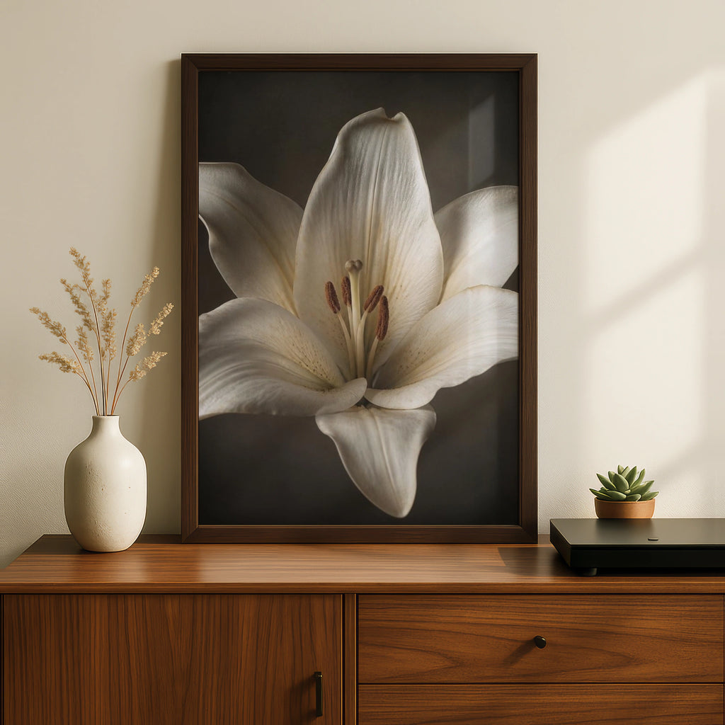 White Lily Flower Poster, Botanical Wall Art, Moody Floral Print, Dark Background