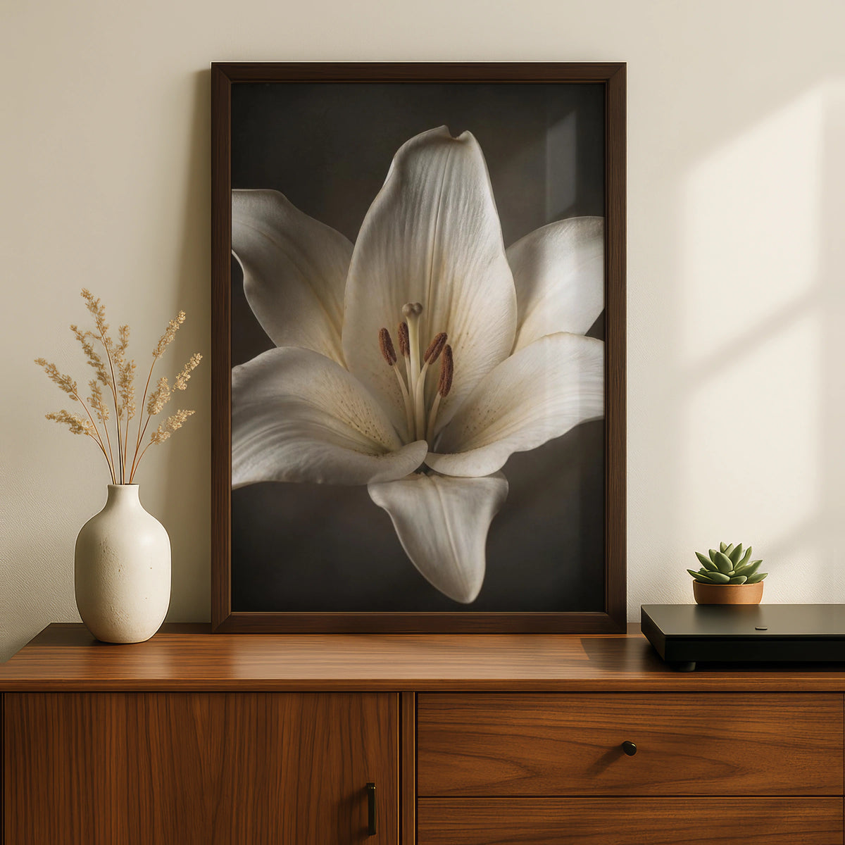 White Lily Flower Poster, Botanical Wall Art, Moody Floral Print, Dark Background