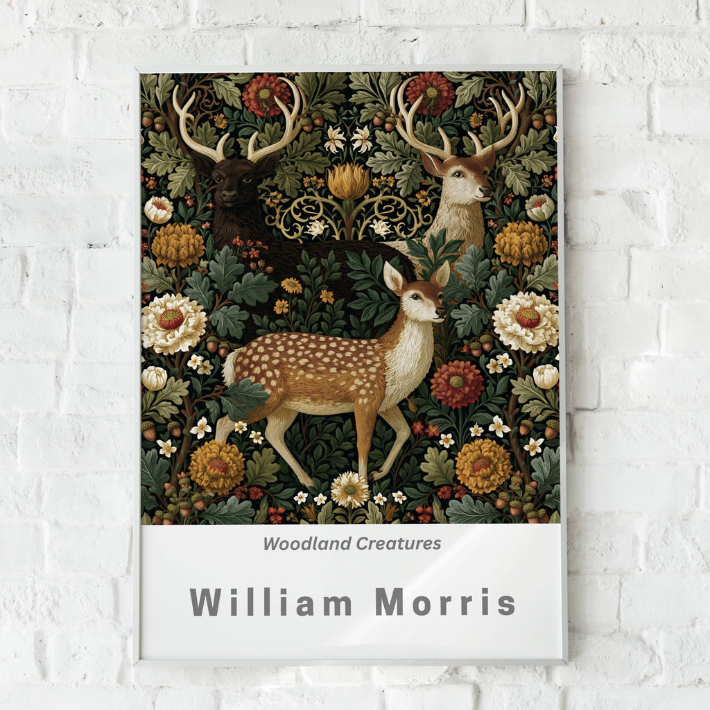 William Morris Deer Poster, Woodland Creatures Wall Art, Floral Stag Print, Dark Botanical