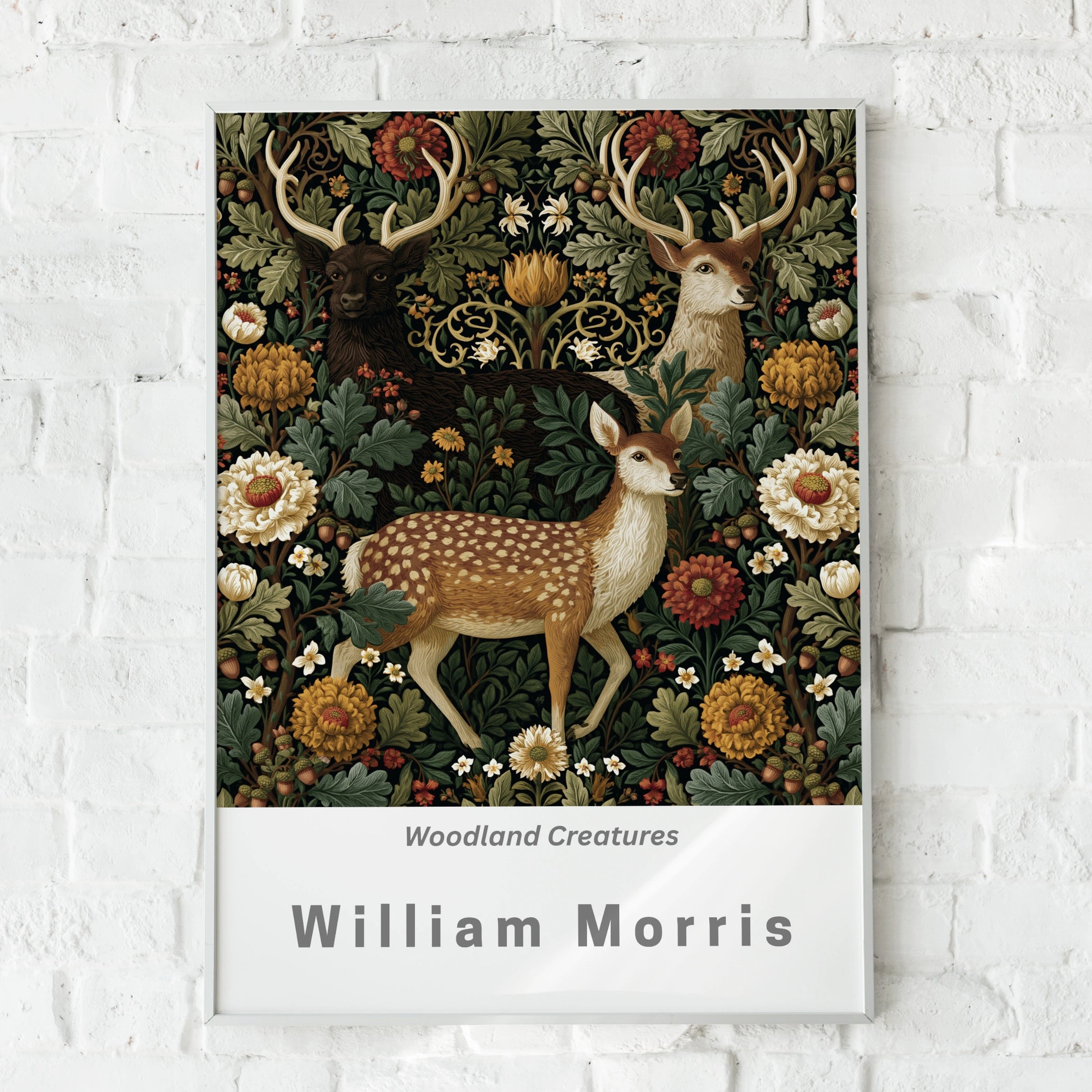 William Morris Deer Poster, Woodland Creatures Wall Art, Floral Stag Print, Dark Botanical