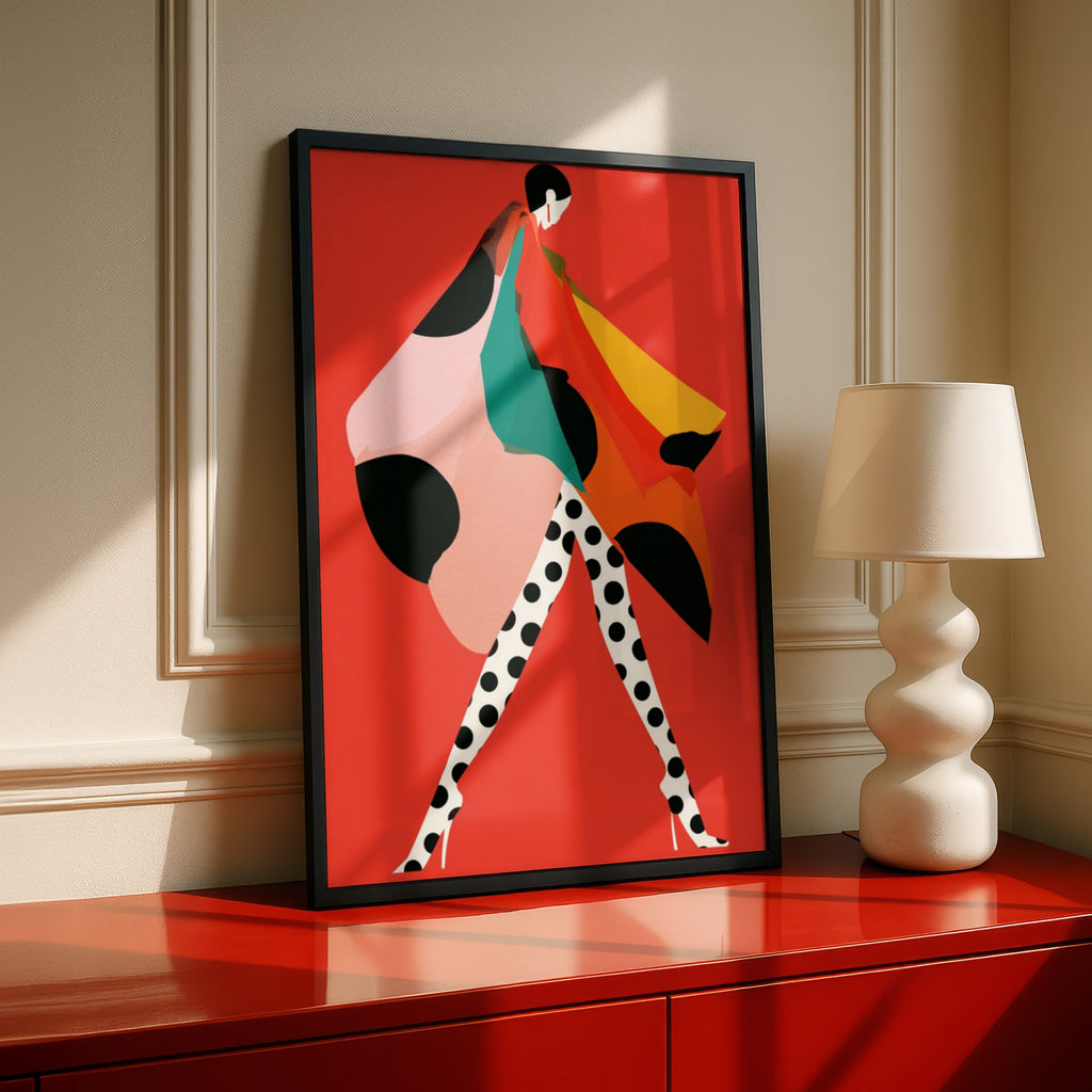 Polka Dot Fashion Poster, Bold Red Abstract Woman Art Print, Chic Runway Wall Art