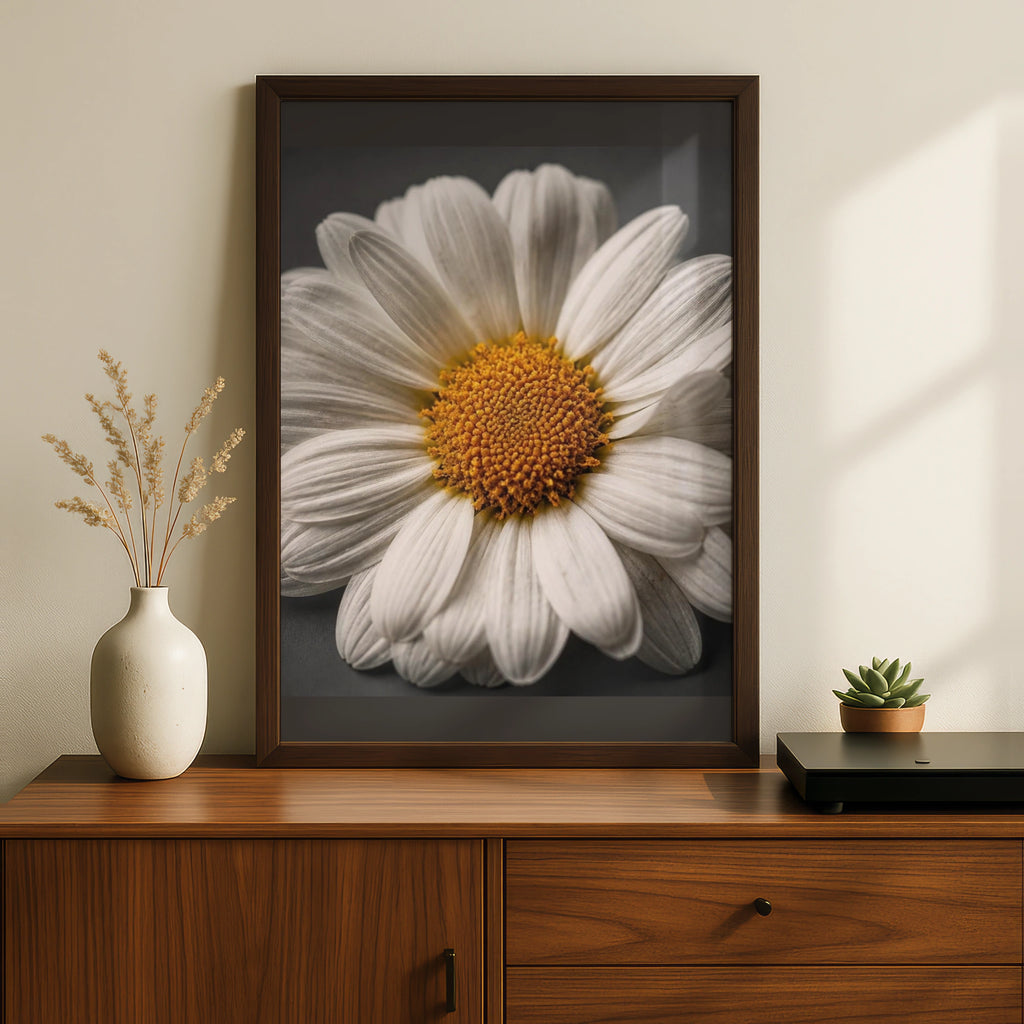 Daisy Flower Poster, White Floral Wall Art, Close Up Botanical Print, Grey Background