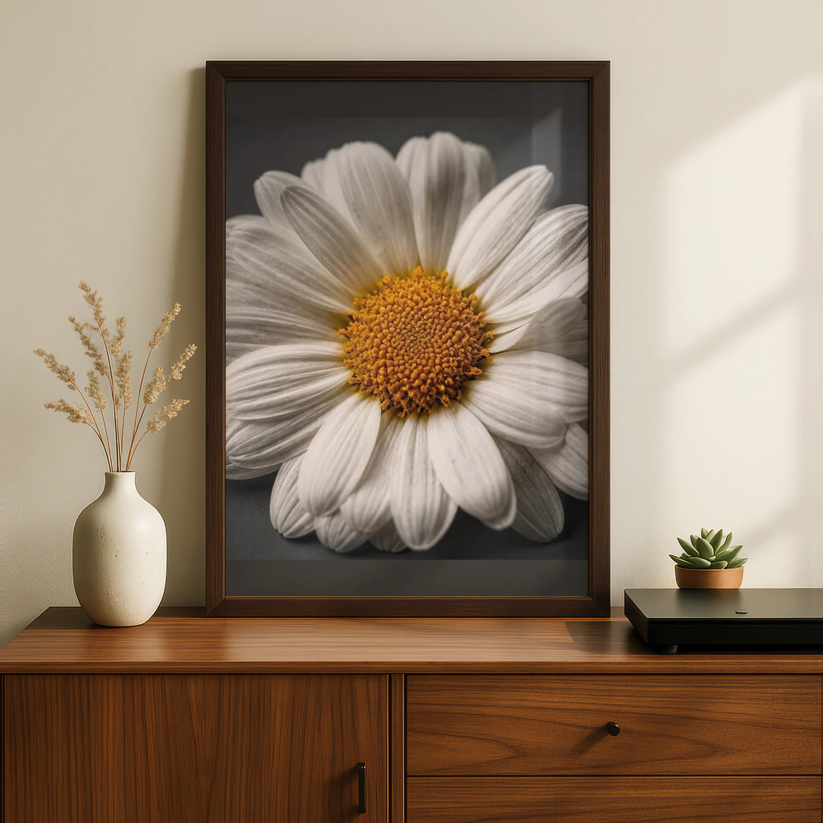 Daisy Flower Poster, White Floral Wall Art, Close Up Botanical Print, Grey Background