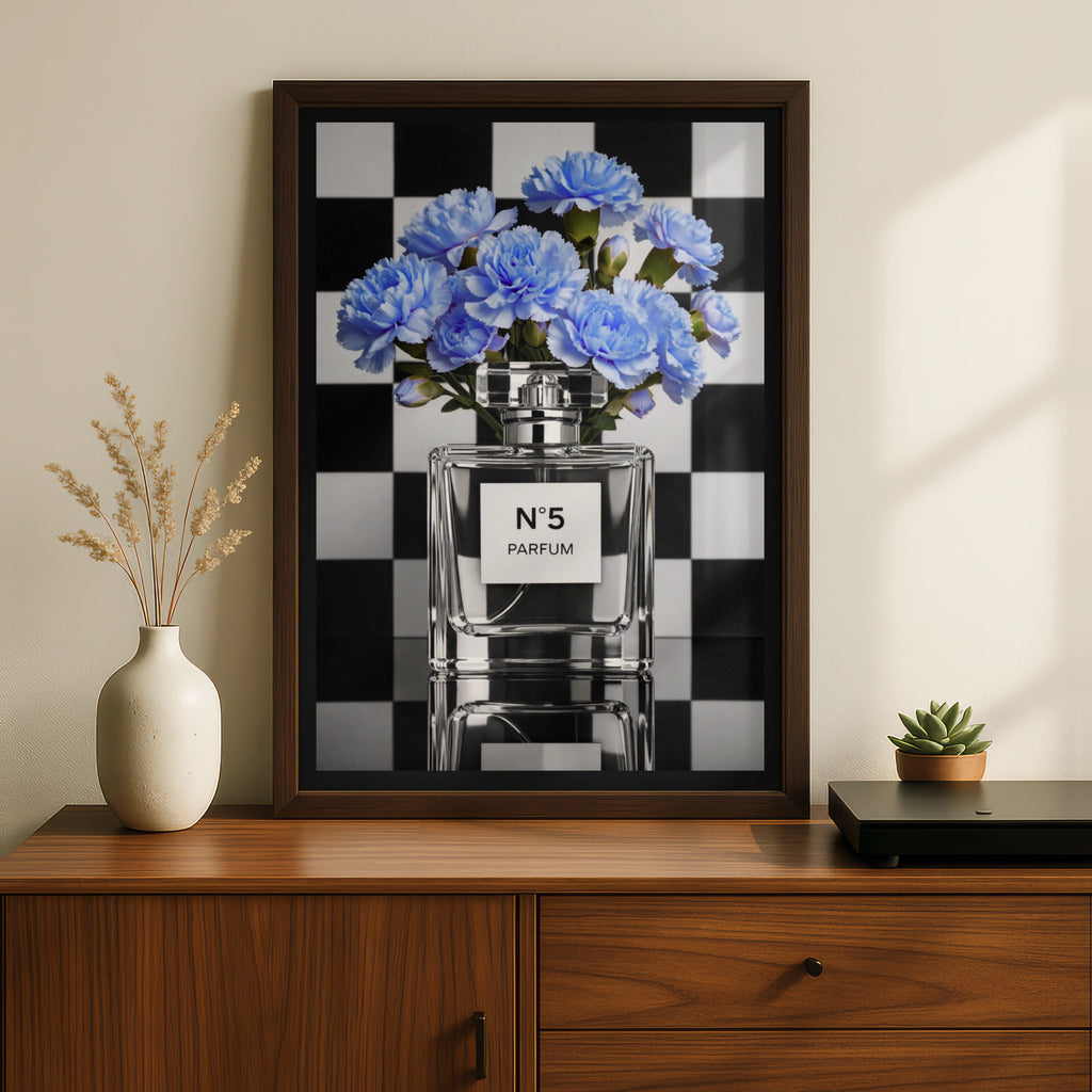 Blue Floral Perfume Bottle Poster, Chequered Fashion Wall Art Print, Glam Decor