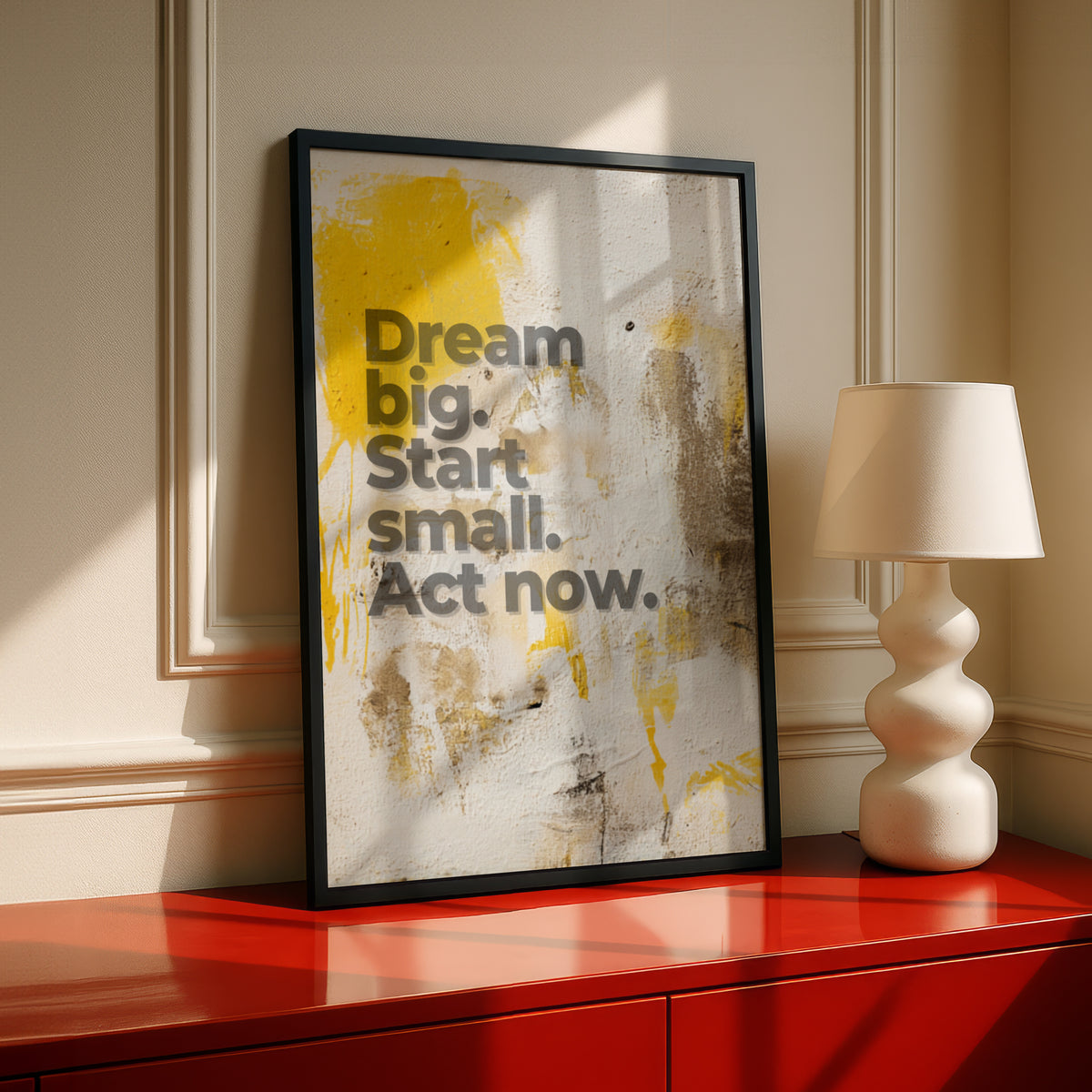 Dream Big Start Small Act Now Quote Print, Motivational Wall Art, Yellow Grey Poster