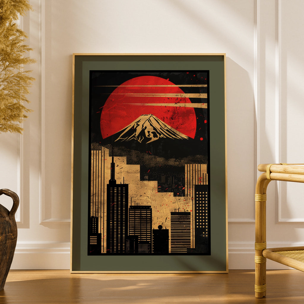 Travel Wall Art | Tokyo Mount Fuji Poster, Red Sun Japan Wall Art, Retro City Skyline Print, Black Gold