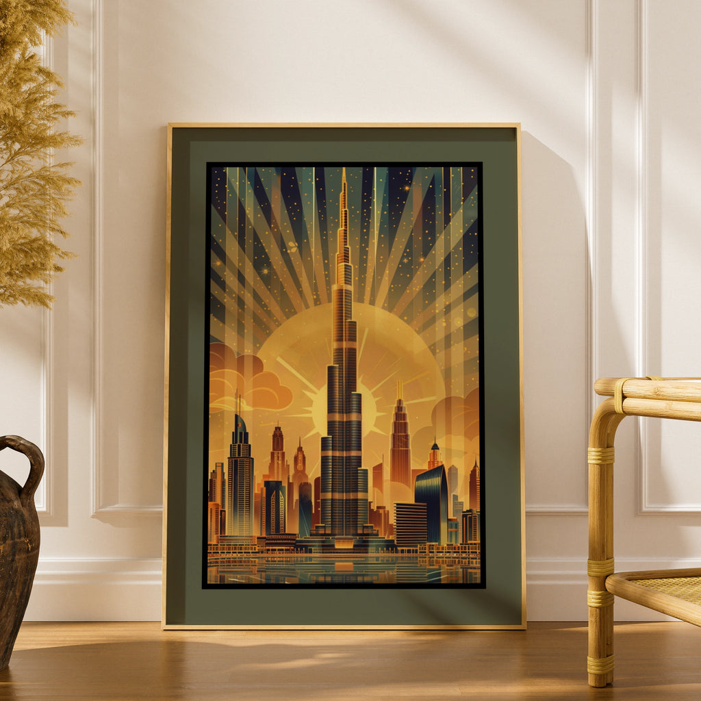 Travel Wall Art. | Dubai Skyline Poster, Burj Khalifa Art Deco Print, Gold City Wall Art, 