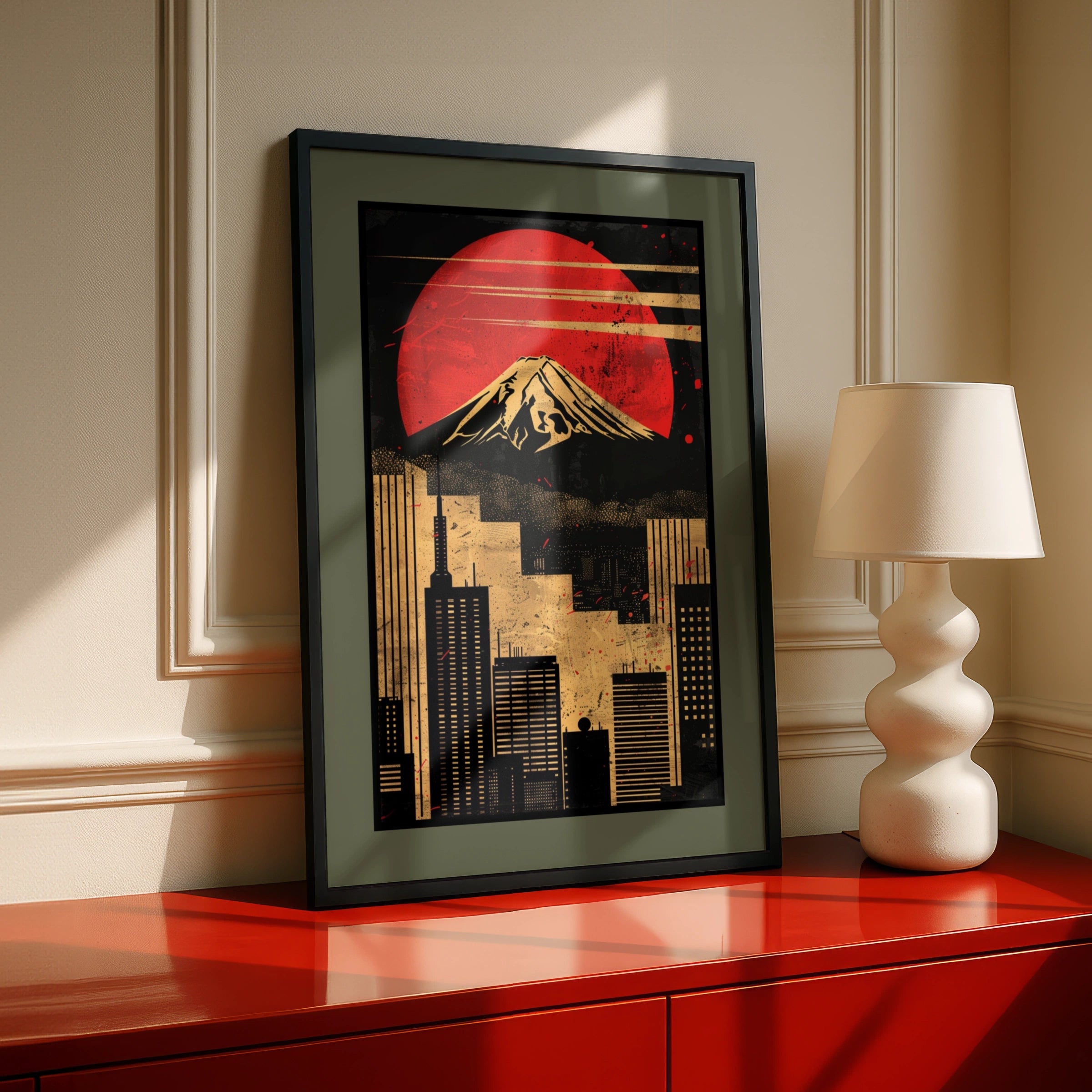 Travel Wall Art | Tokyo Mount Fuji Poster, Red Sun Japan Wall Art, Retro City Skyline Print, Black Gold