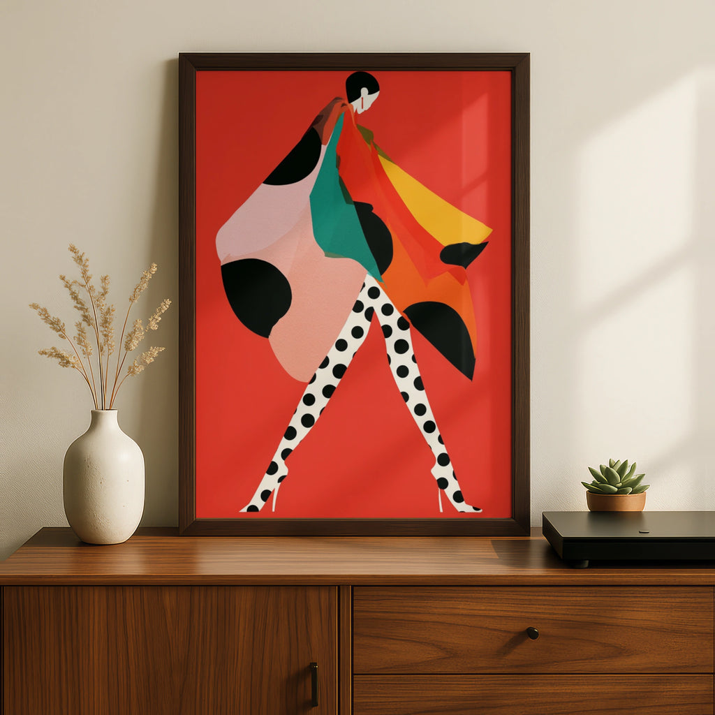 Polka Dot Fashion Poster, Bold Red Abstract Woman Art Print, Chic Runway Wall Art