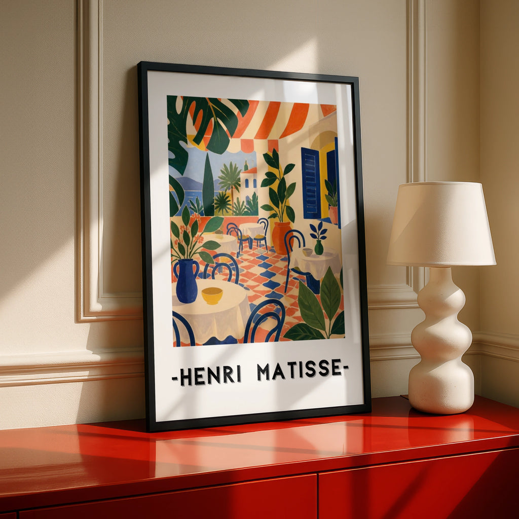 Matisse Style Cafe Poster, Mediterranean Terrace Wall Art, Colourful Botanical Print