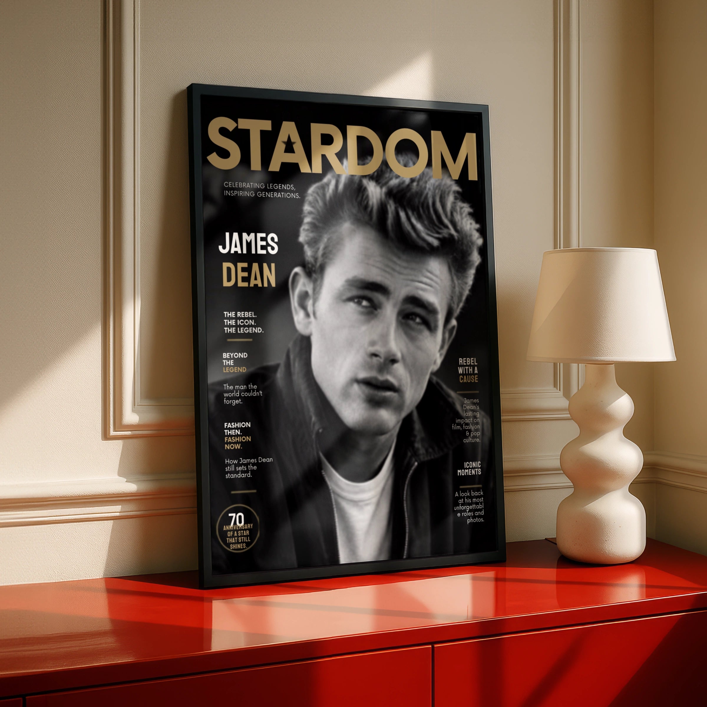 James Dean Magazine Cover Poster, Rebel Icon Wall Art, Black and Gold Print