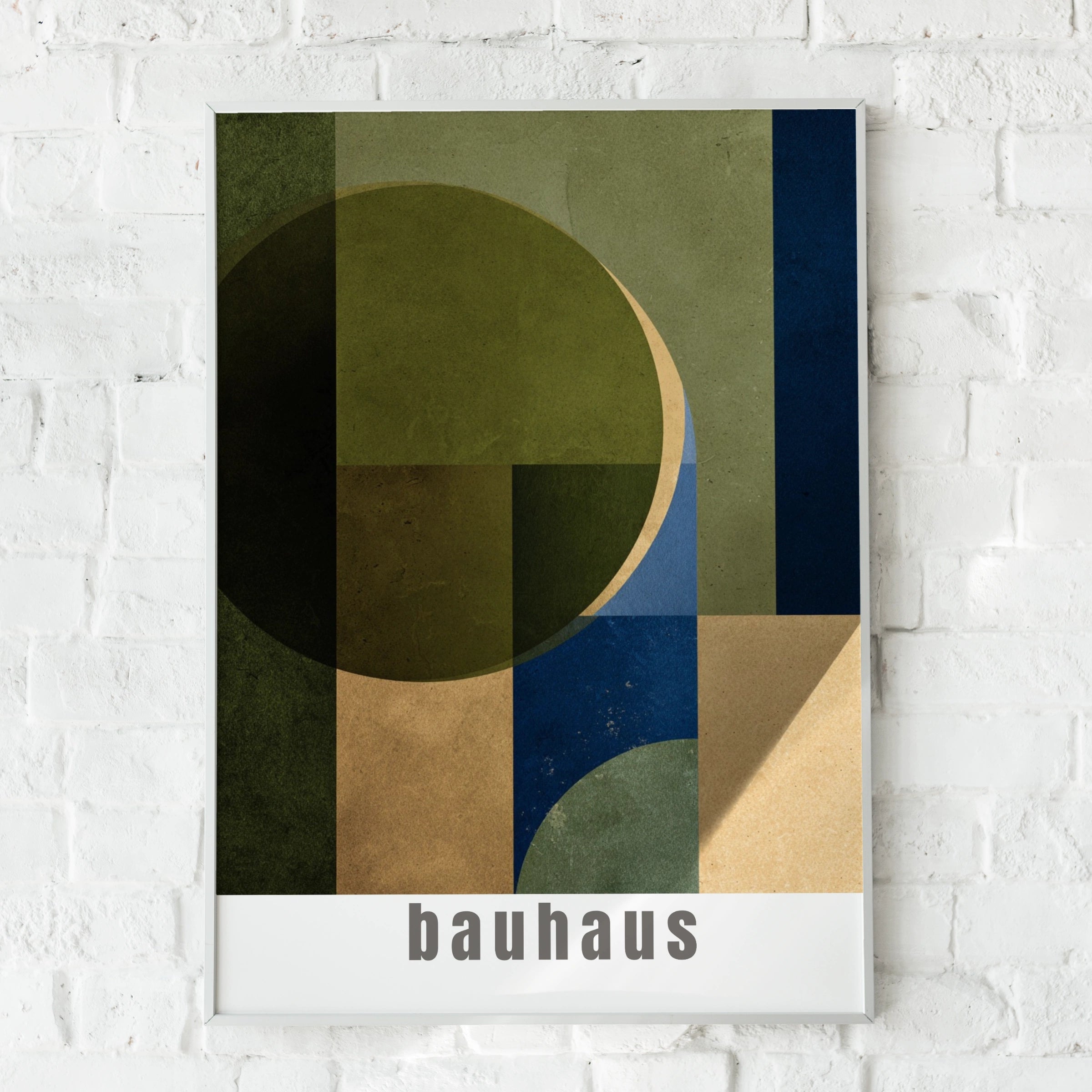 Bauhaus Geometric Poster, Olive Green Blue Beige Wall Art, Mid Century Modern Print