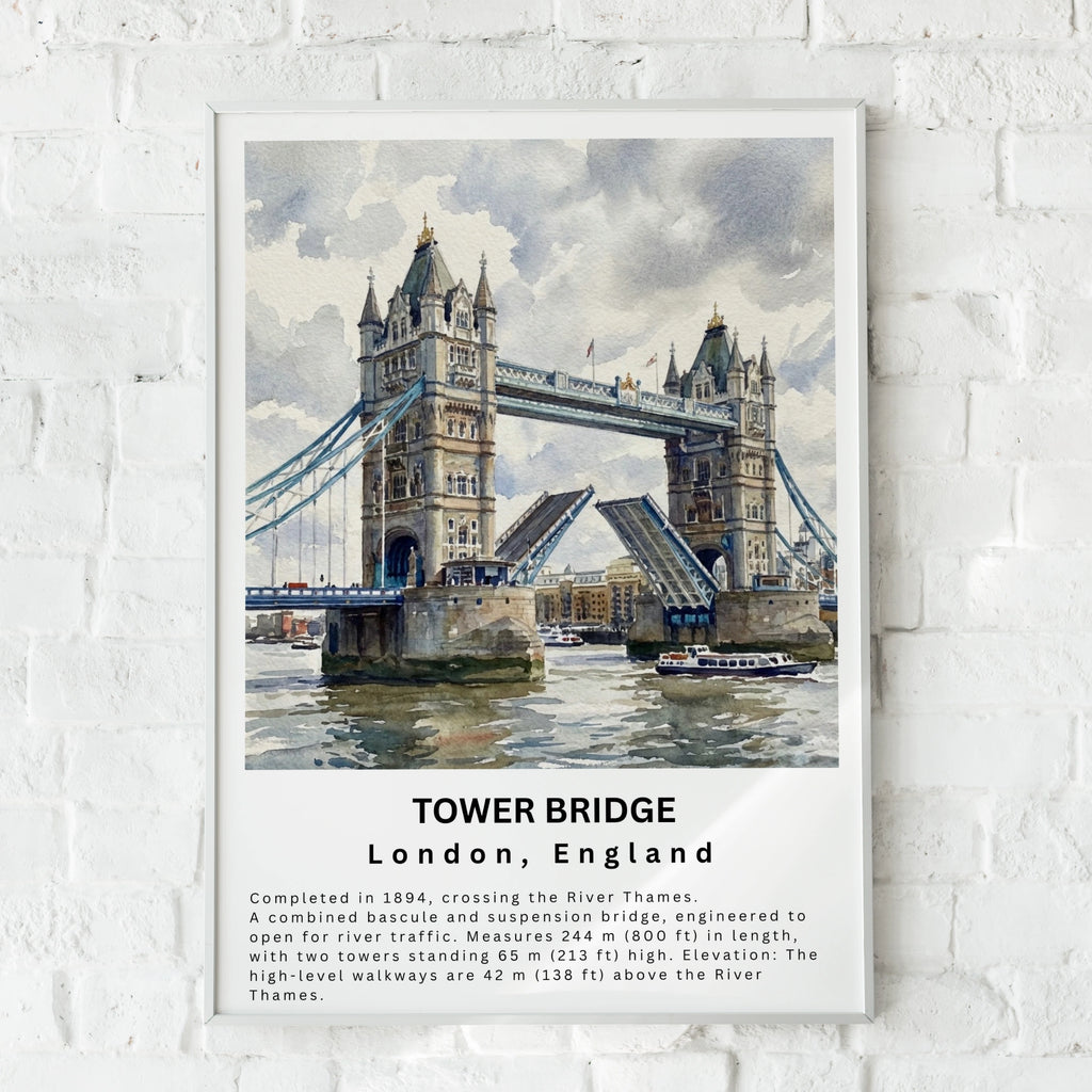 Tower Bridge London Watercolour Poster, River Thames Wall Art Print, England