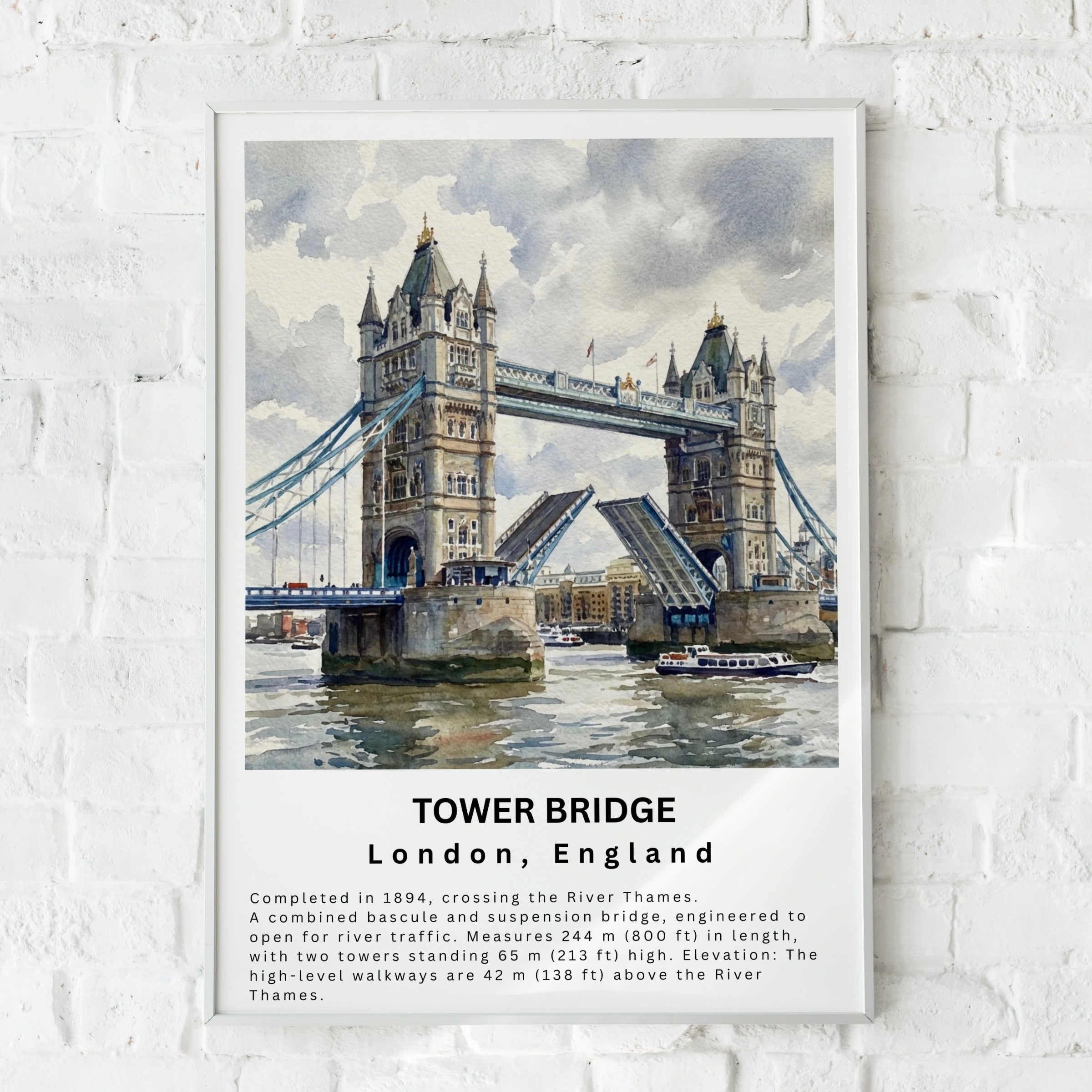 Tower Bridge London Watercolour Poster, River Thames Wall Art Print, England