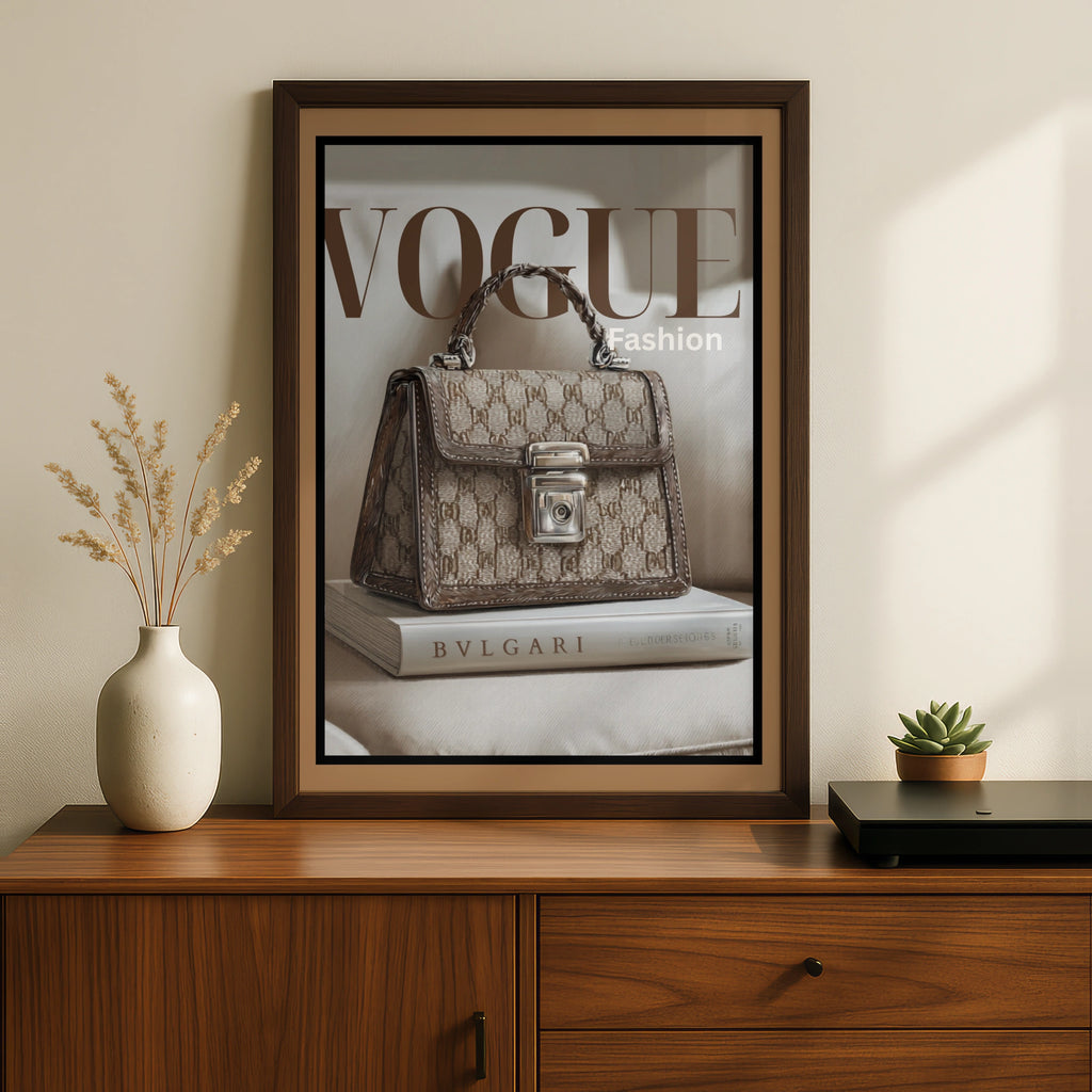 Vogue Fashion Poster, Luxury Handbag Wall Art, Brown Beige Designer Print, Chic